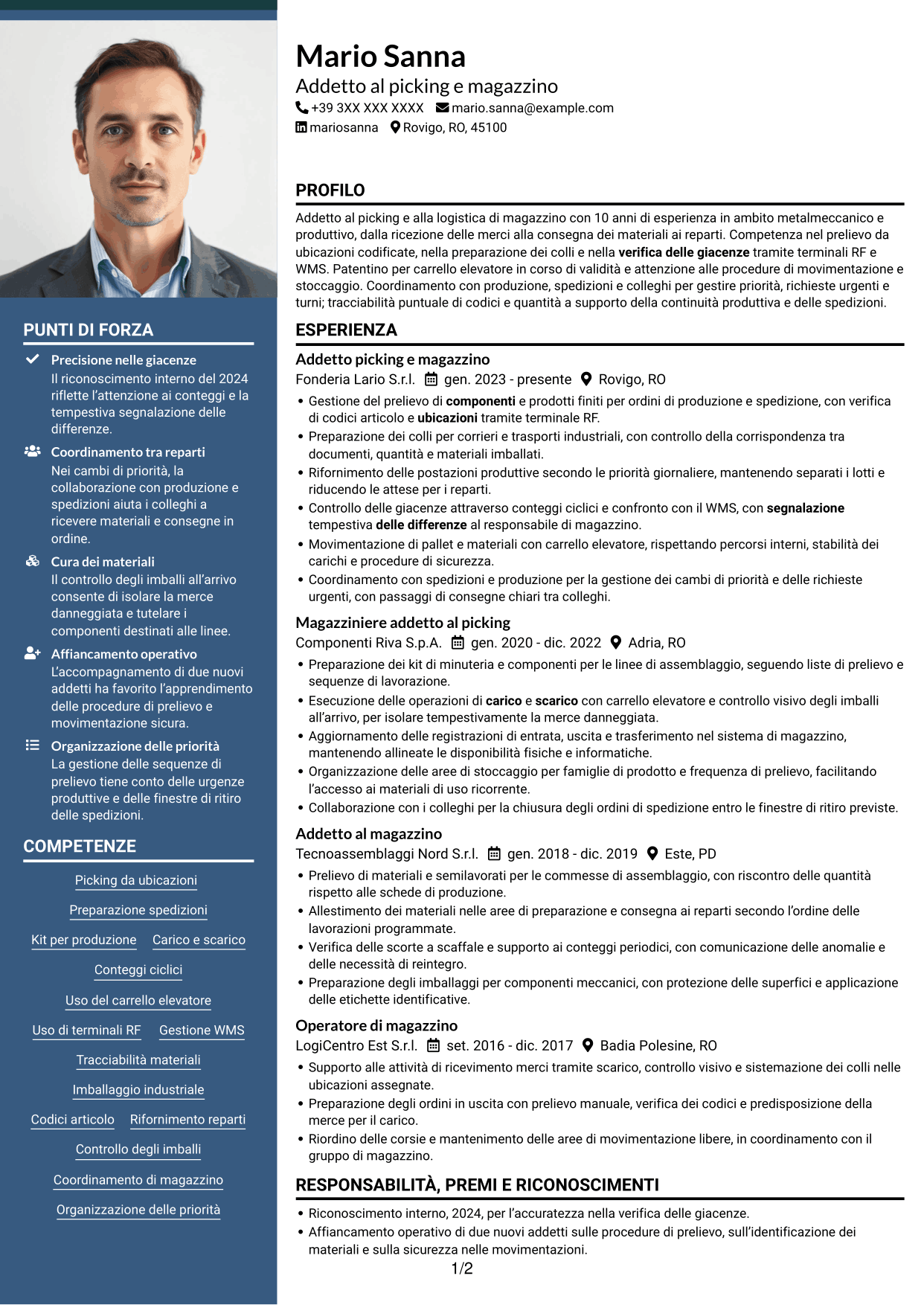 CV Signature (formato con colonna laterale colorata e foto grande): Addetto al picking - Logistica metalmeccanica, pagina 1