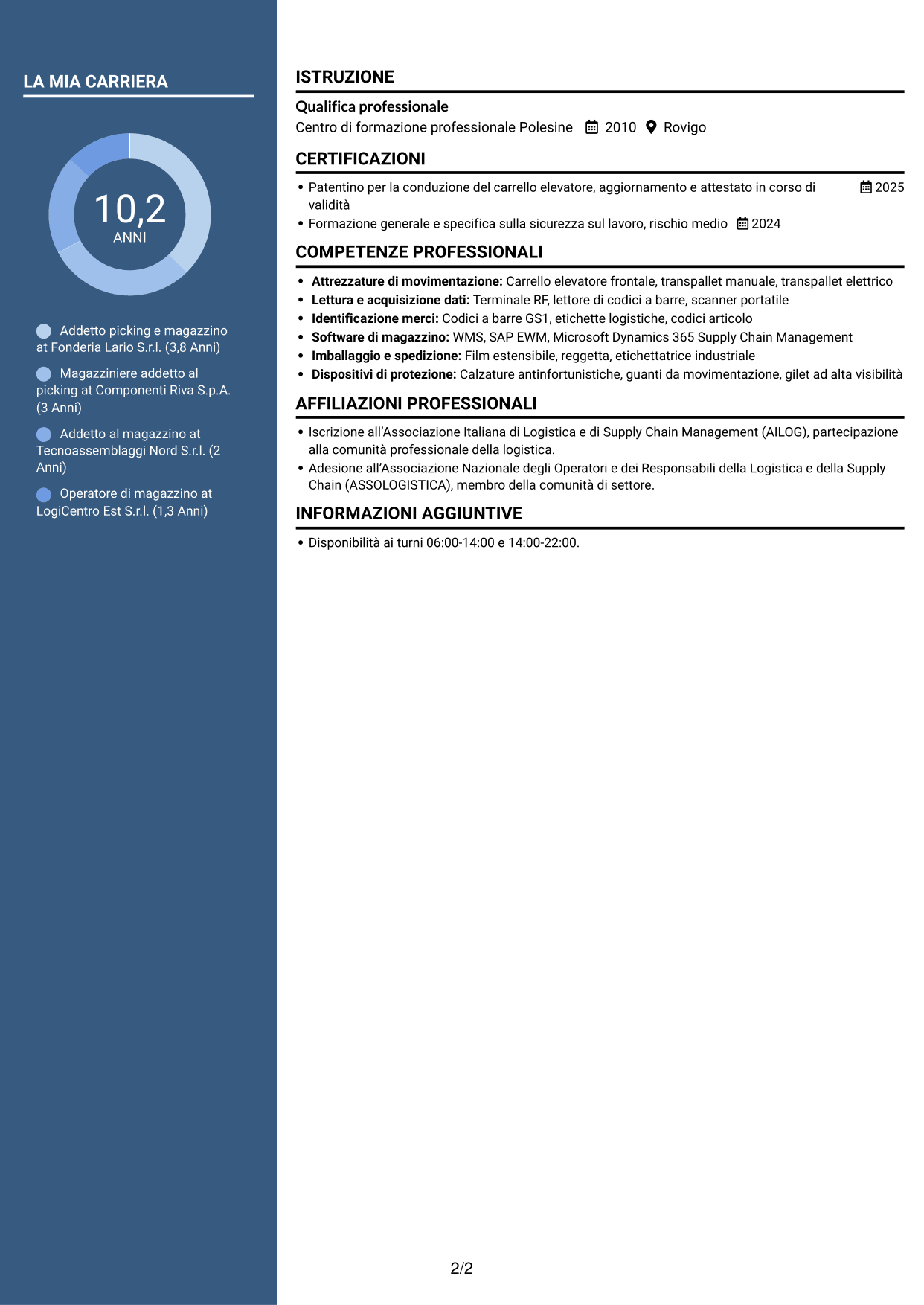 CV Signature (formato con colonna laterale colorata e foto grande): Addetto al picking - Logistica metalmeccanica, pagina 2