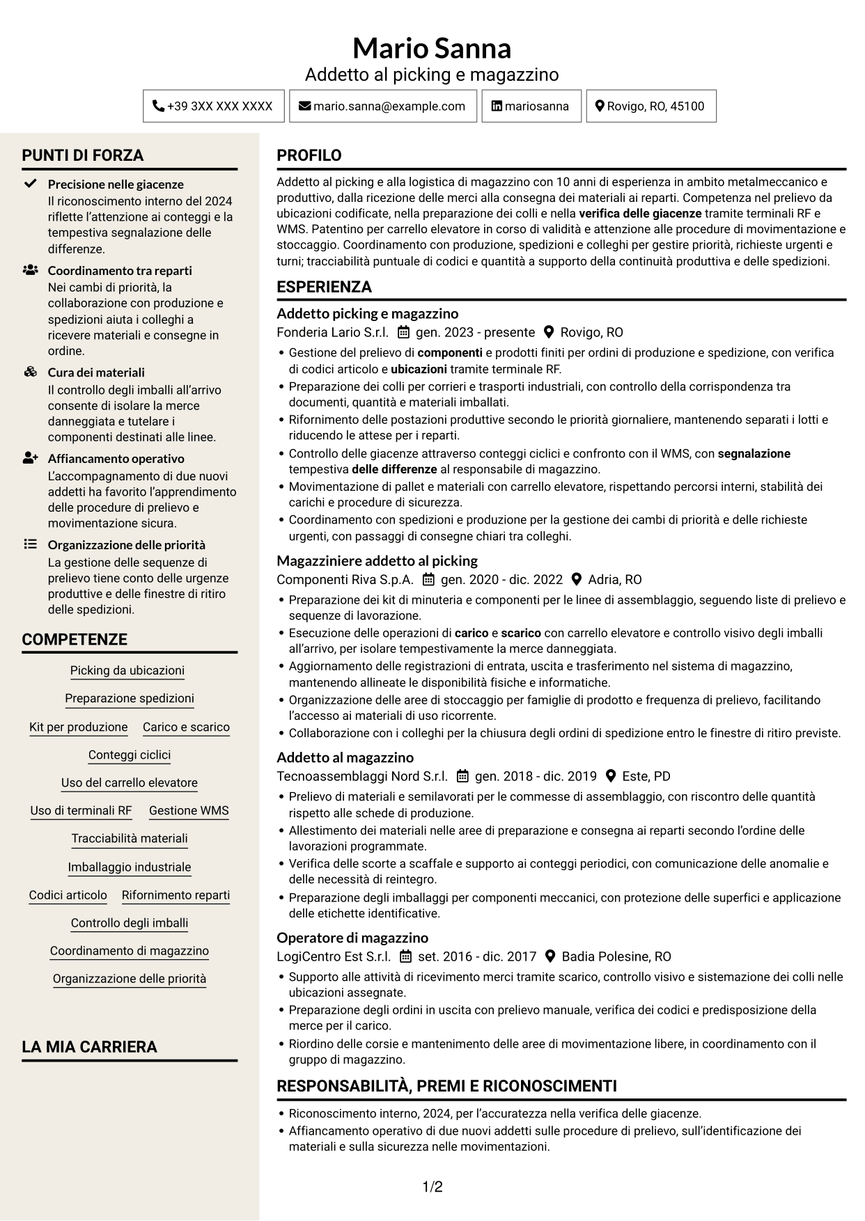 CV Intraprendente (formato a due colonne con intestazione centrata senza foto): Addetto al picking - Logistica metalmeccanica, pagina 1