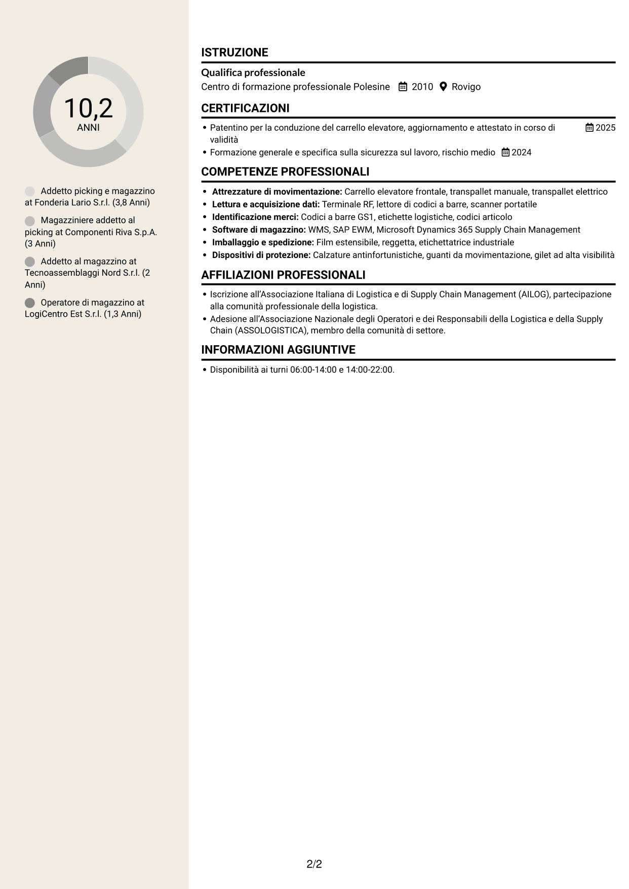 CV Intraprendente (formato a due colonne con intestazione centrata senza foto): Addetto al picking - Logistica metalmeccanica, pagina 2