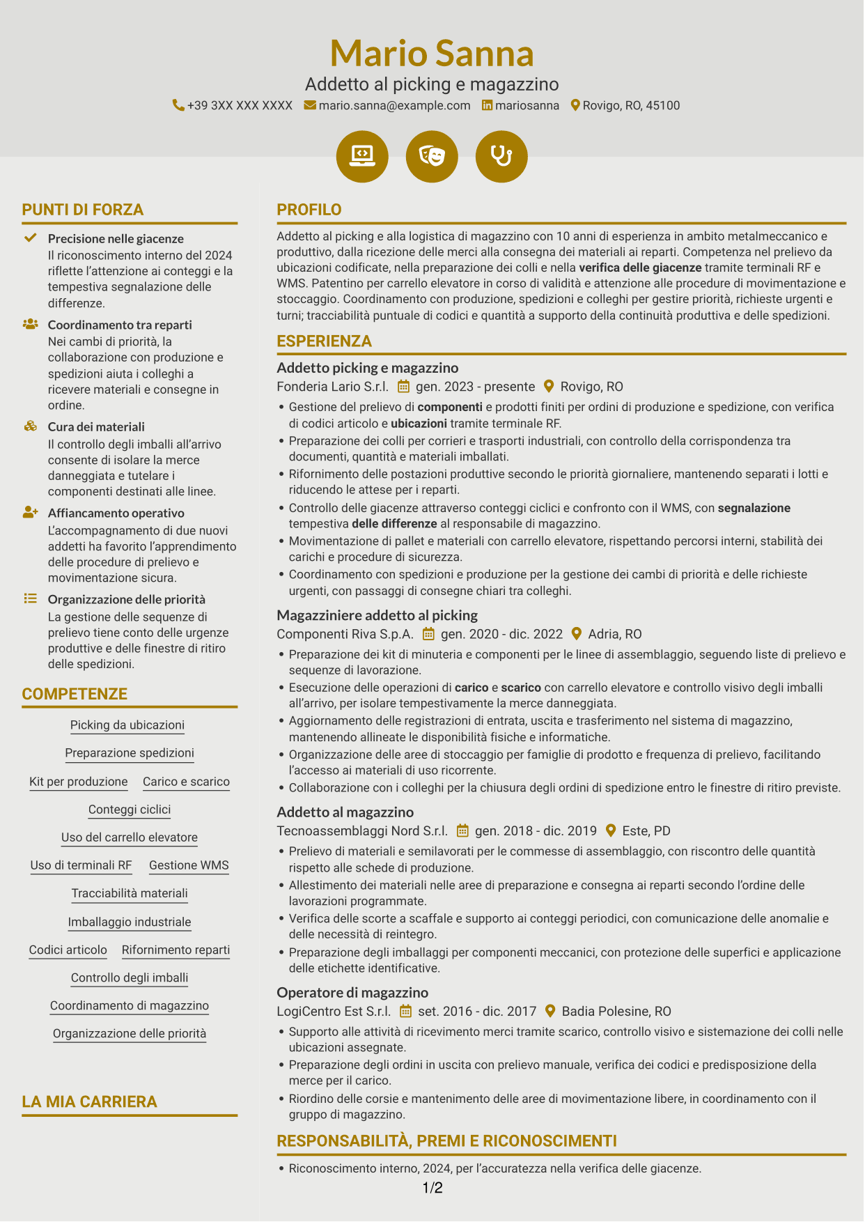 CV Dinamico (formato a due colonne con icone): Addetto al picking - Logistica metalmeccanica, pagina 1