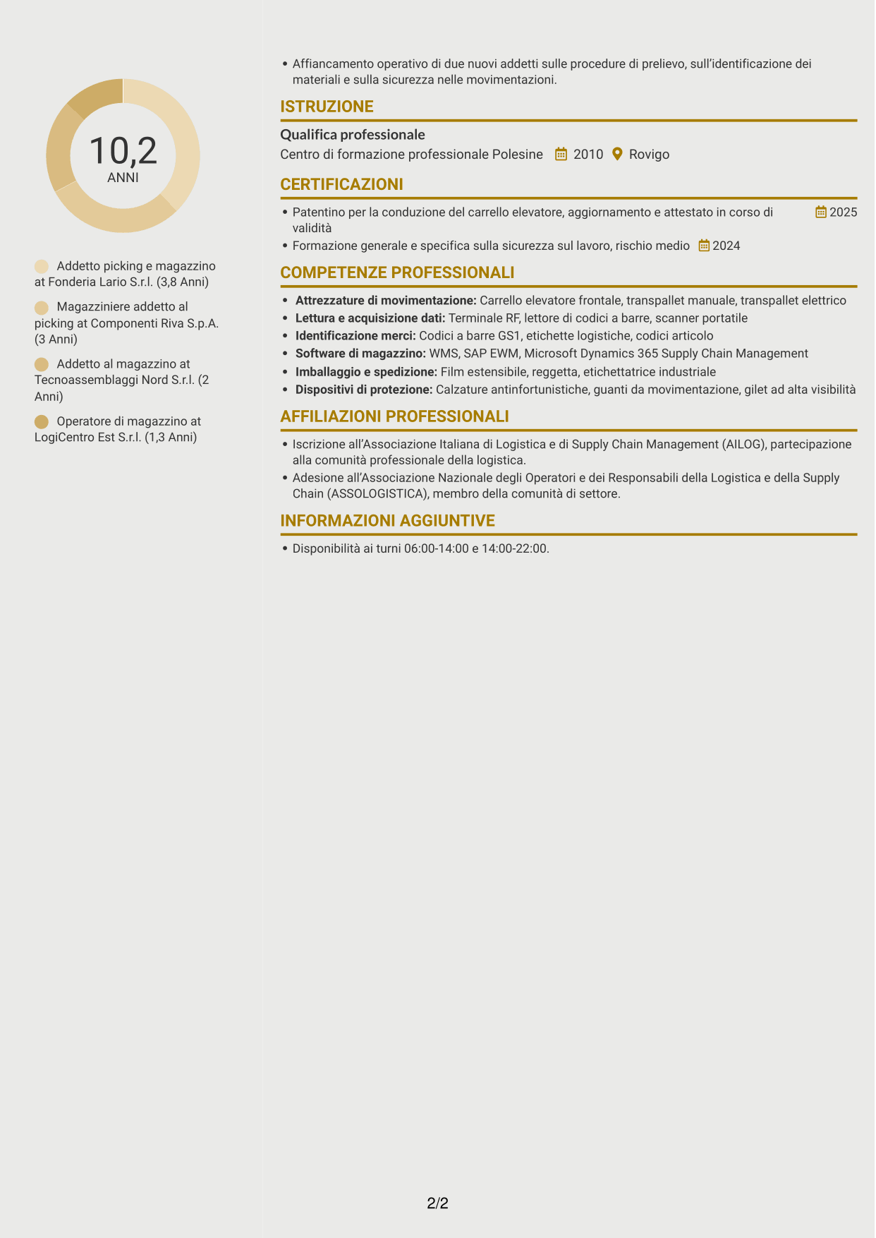 CV Dinamico (formato a due colonne con icone): Addetto al picking - Logistica metalmeccanica, pagina 2