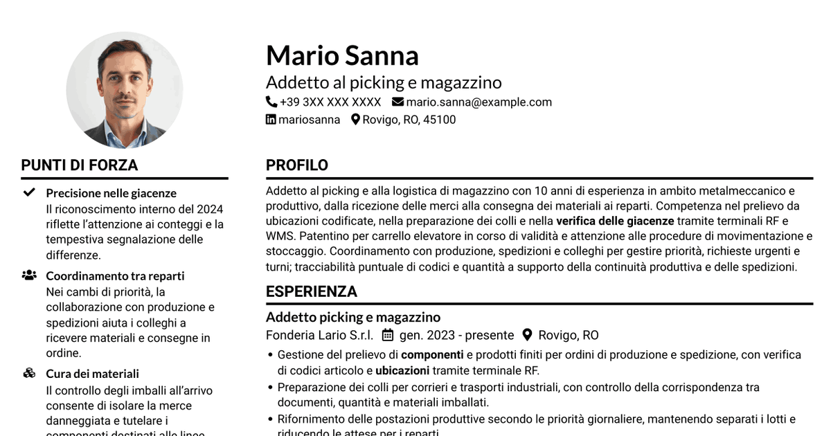 7 modelli di CV per Addetto al picking - Logistica metalmeccanica, con esempi