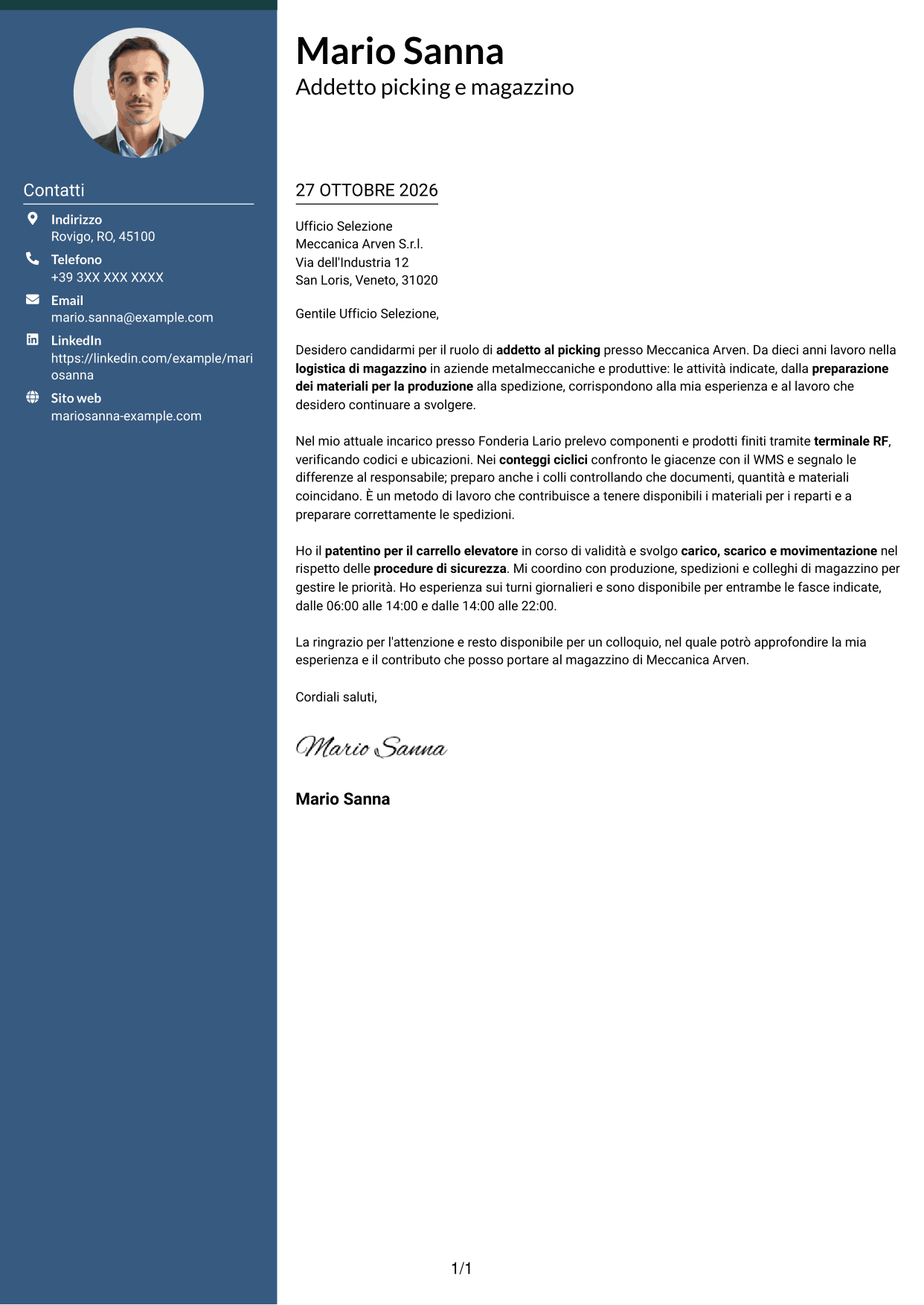 Lettera di presentazione Elegante (formato con colonna laterale colorata e foto): Addetto al picking - Logistica metalmeccanica, pagina 1