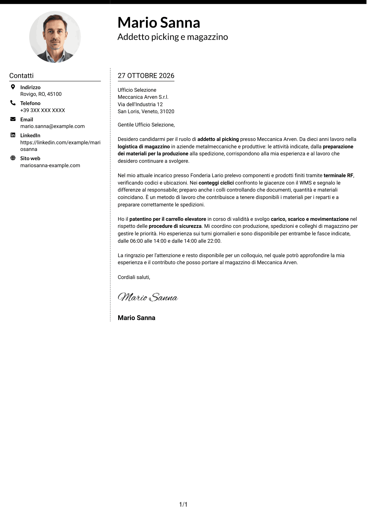 Lettera di presentazione Moderno (formato a due colonne con foto a sinistra e separatore): Addetto al picking - Logistica metalmeccanica, pagina 1