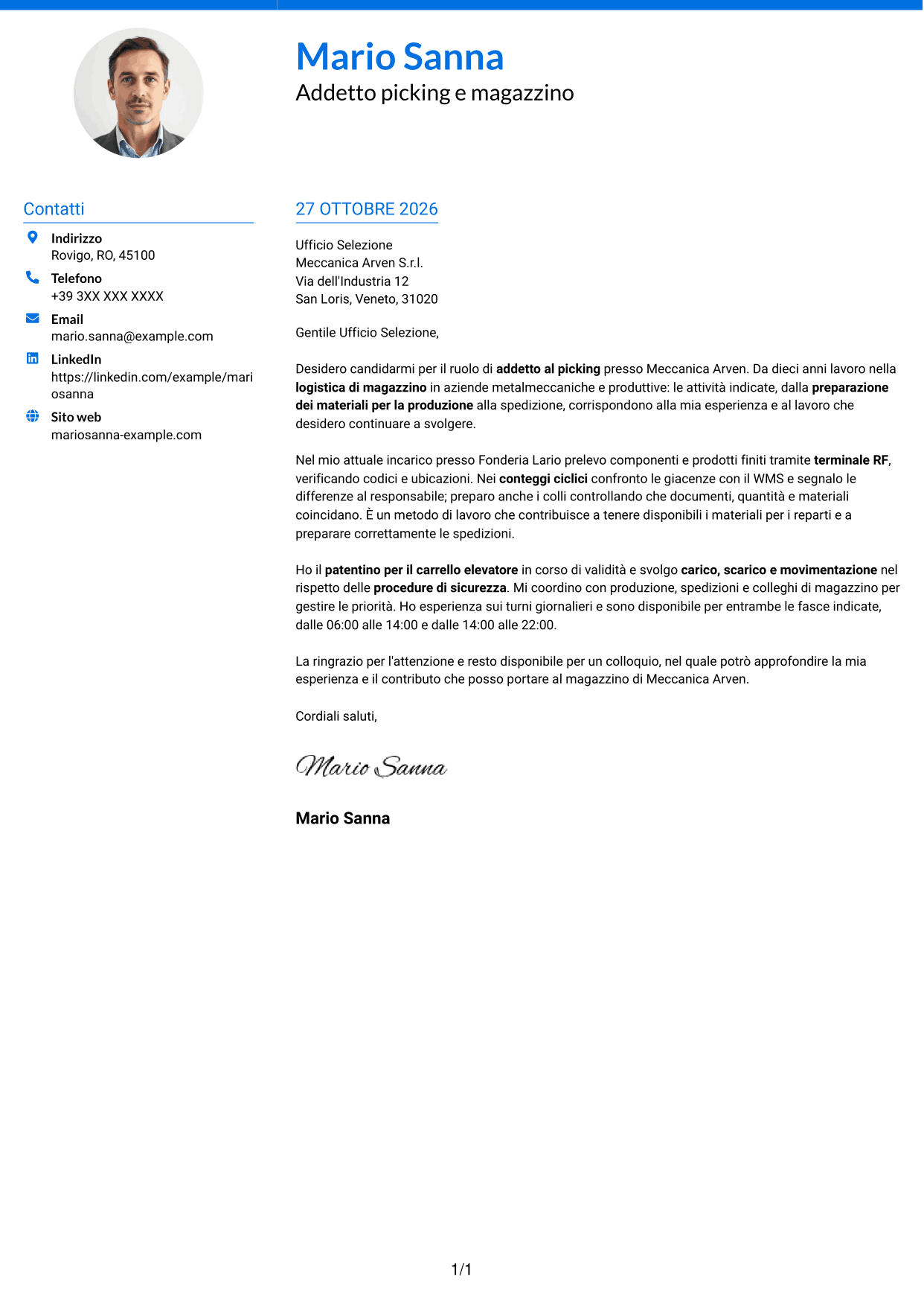 Lettera di presentazione Audace (formato a due colonne con accenti colorati e foto): Addetto al picking - Logistica metalmeccanica, pagina 1