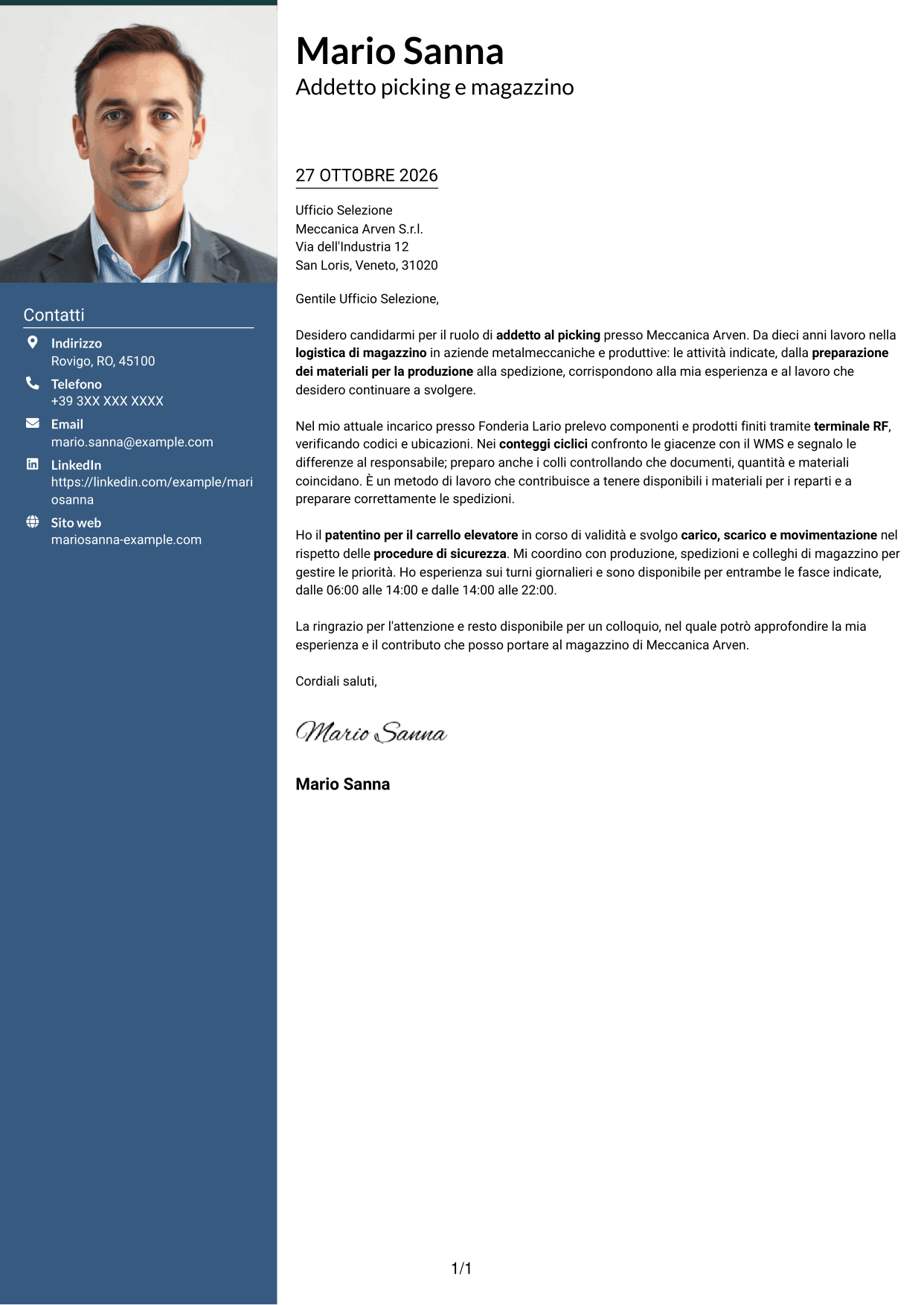 Lettera di presentazione Signature (formato con colonna laterale colorata e foto grande): Addetto al picking - Logistica metalmeccanica, pagina 1