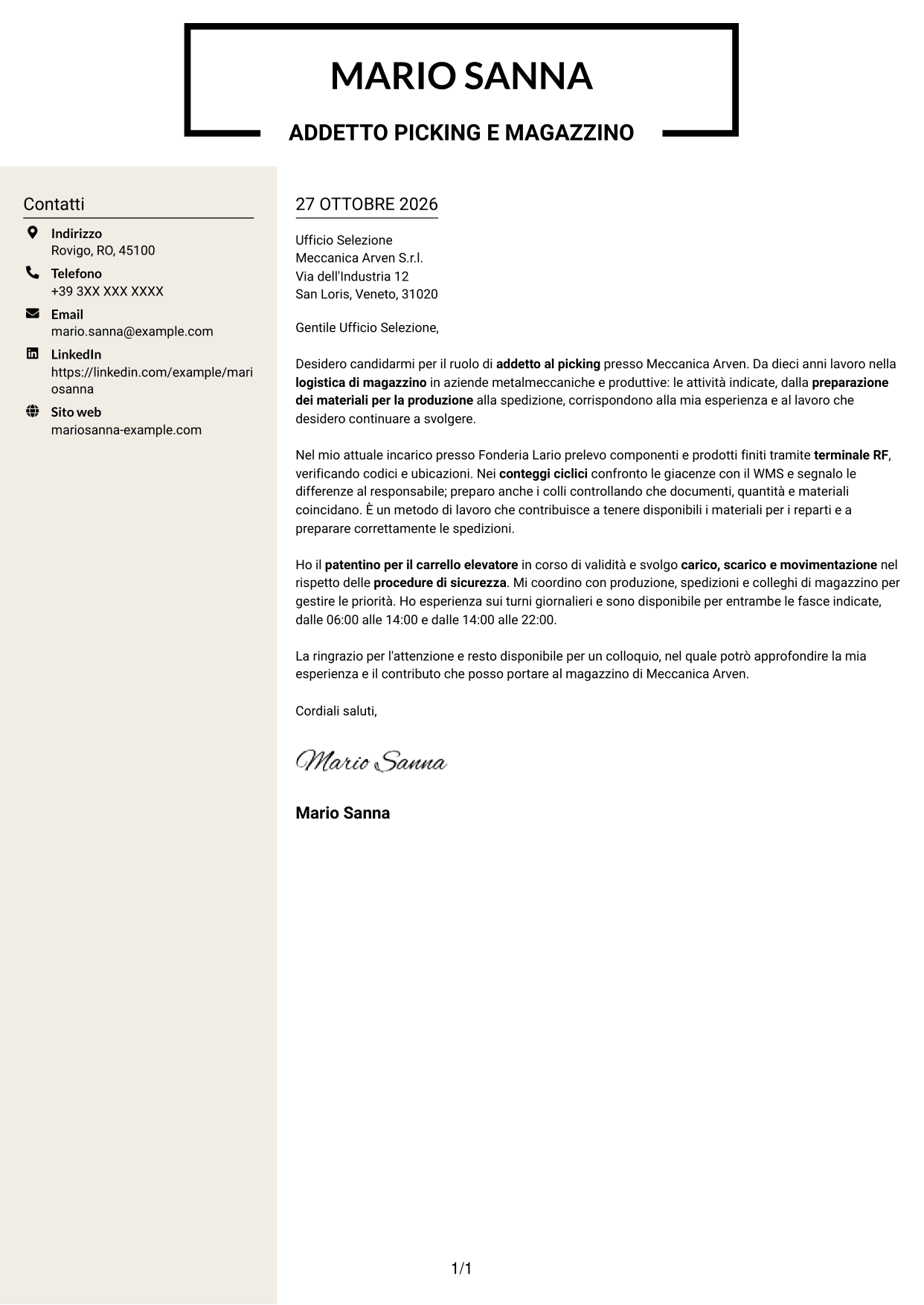 Lettera di presentazione Intraprendente (formato a due colonne con intestazione centrata senza foto): Addetto al picking - Logistica metalmeccanica, pagina 1