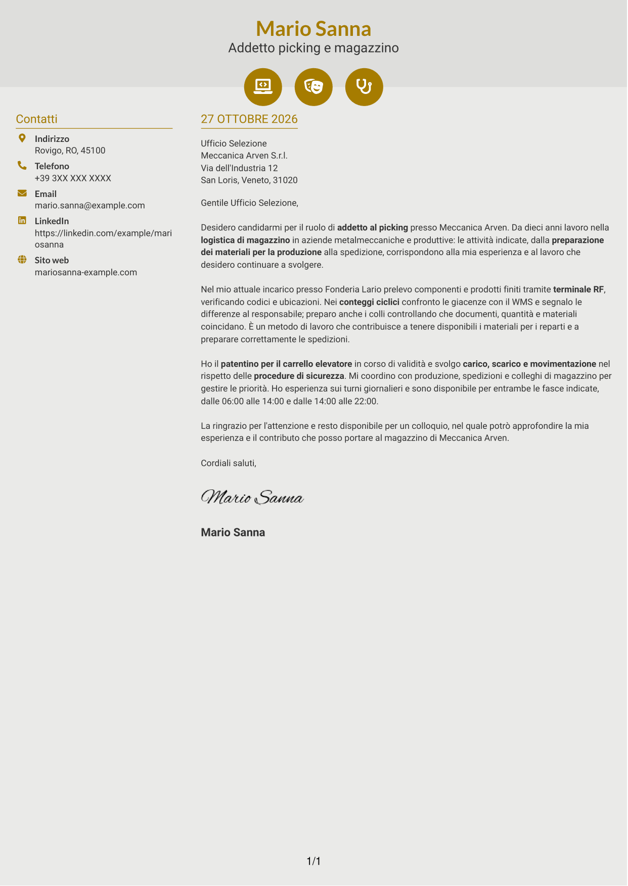 Lettera di presentazione Dinamico (formato a due colonne con icone): Addetto al picking - Logistica metalmeccanica, pagina 1