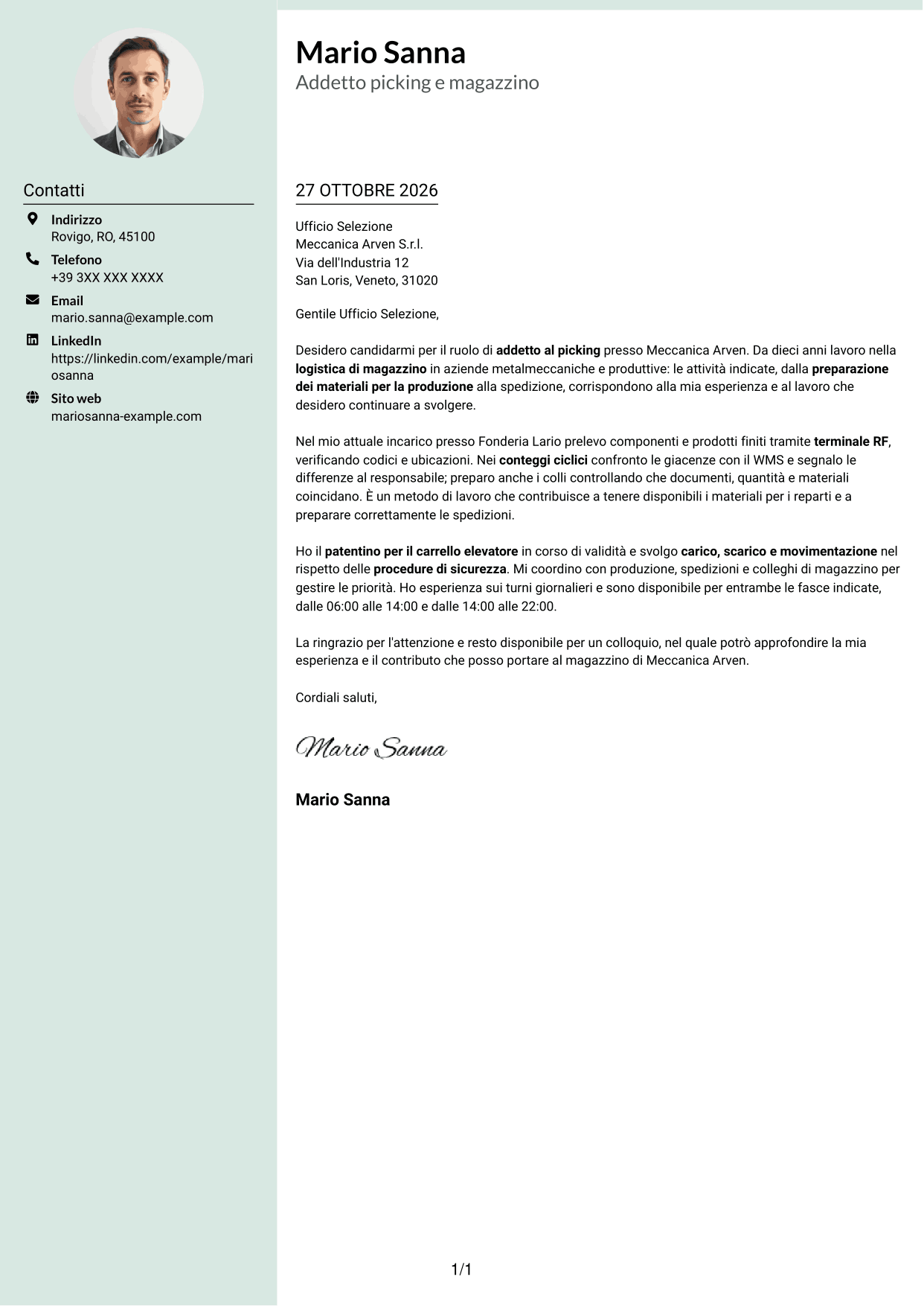 Lettera di presentazione Dirigente (formato con colonna laterale tenue e foto arrotondata): Addetto al picking - Logistica metalmeccanica, pagina 1