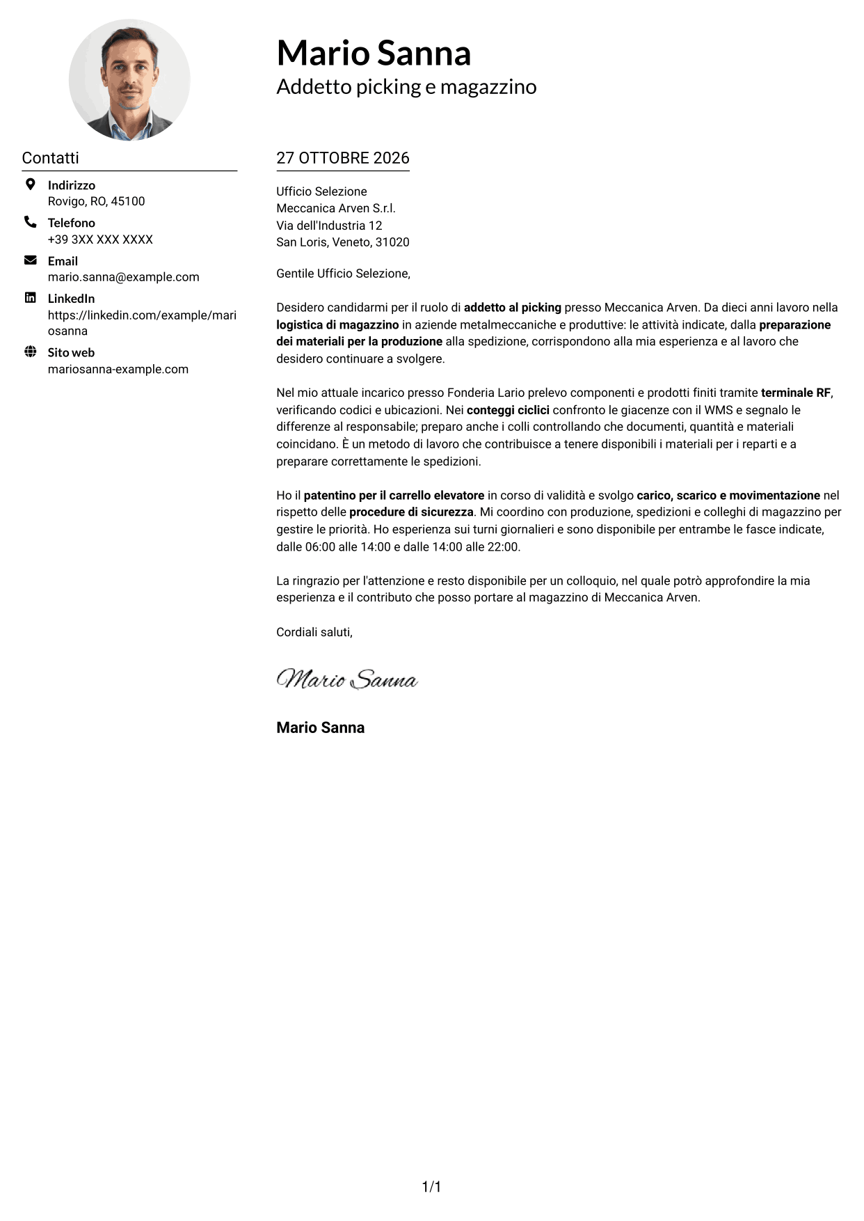 Esempio di lettera di presentazione — pagina 1