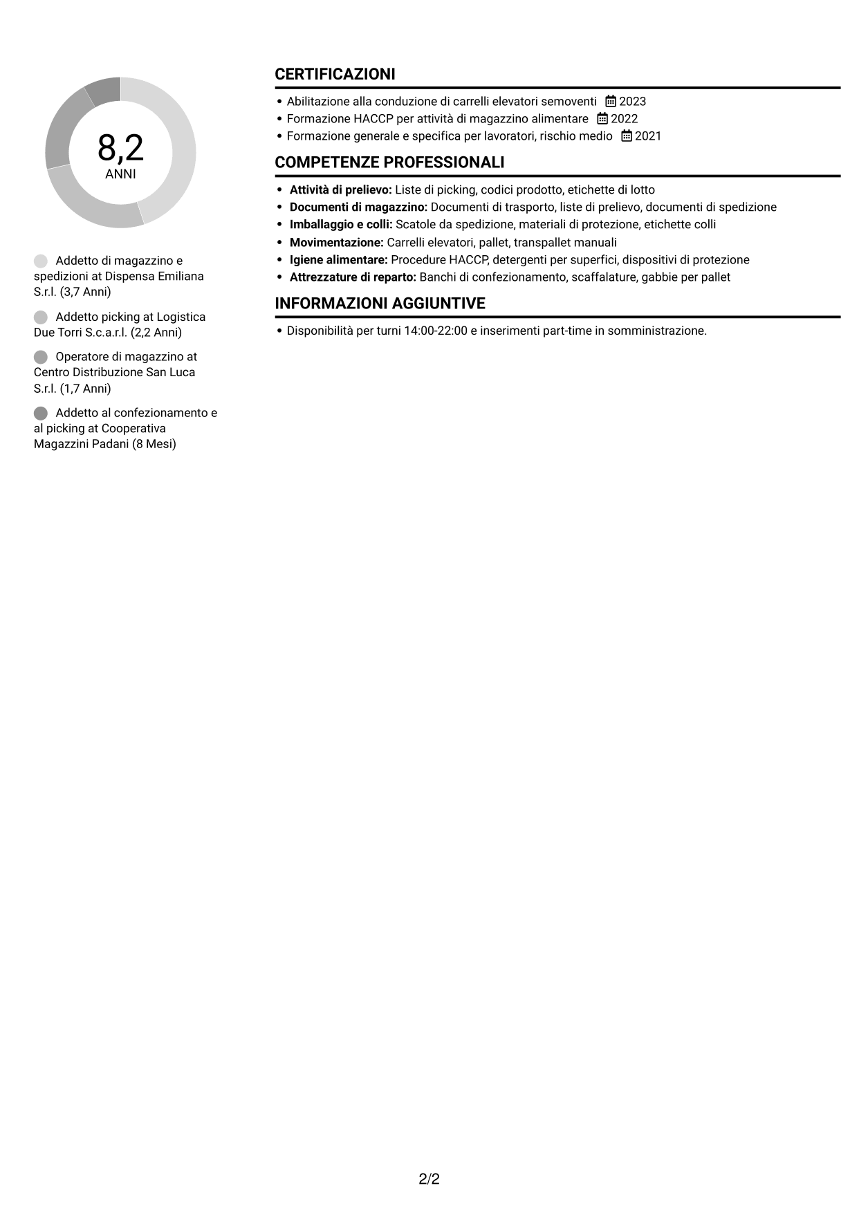 CV Compatto (formato sobrio a due colonne con foto): Addetto al picking - Preparazione ordini e spedizioni, pagina 2