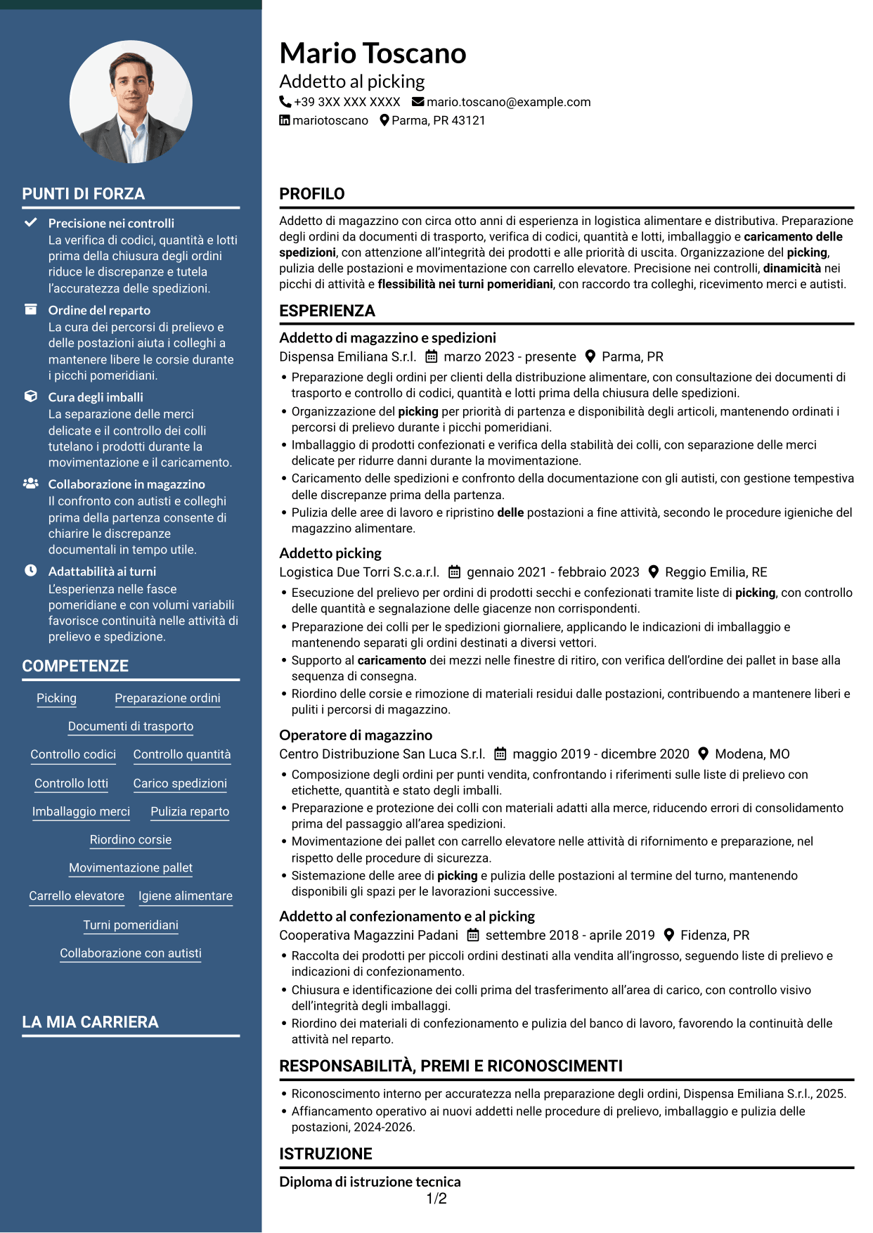 CV Elegante (formato con colonna laterale colorata e foto): Addetto al picking - Preparazione ordini e spedizioni, pagina 1