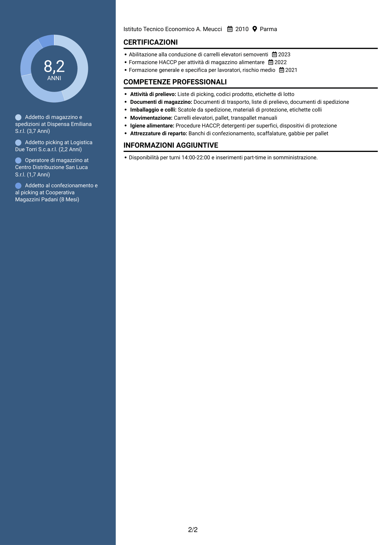 CV Elegante (formato con colonna laterale colorata e foto): Addetto al picking - Preparazione ordini e spedizioni, pagina 2