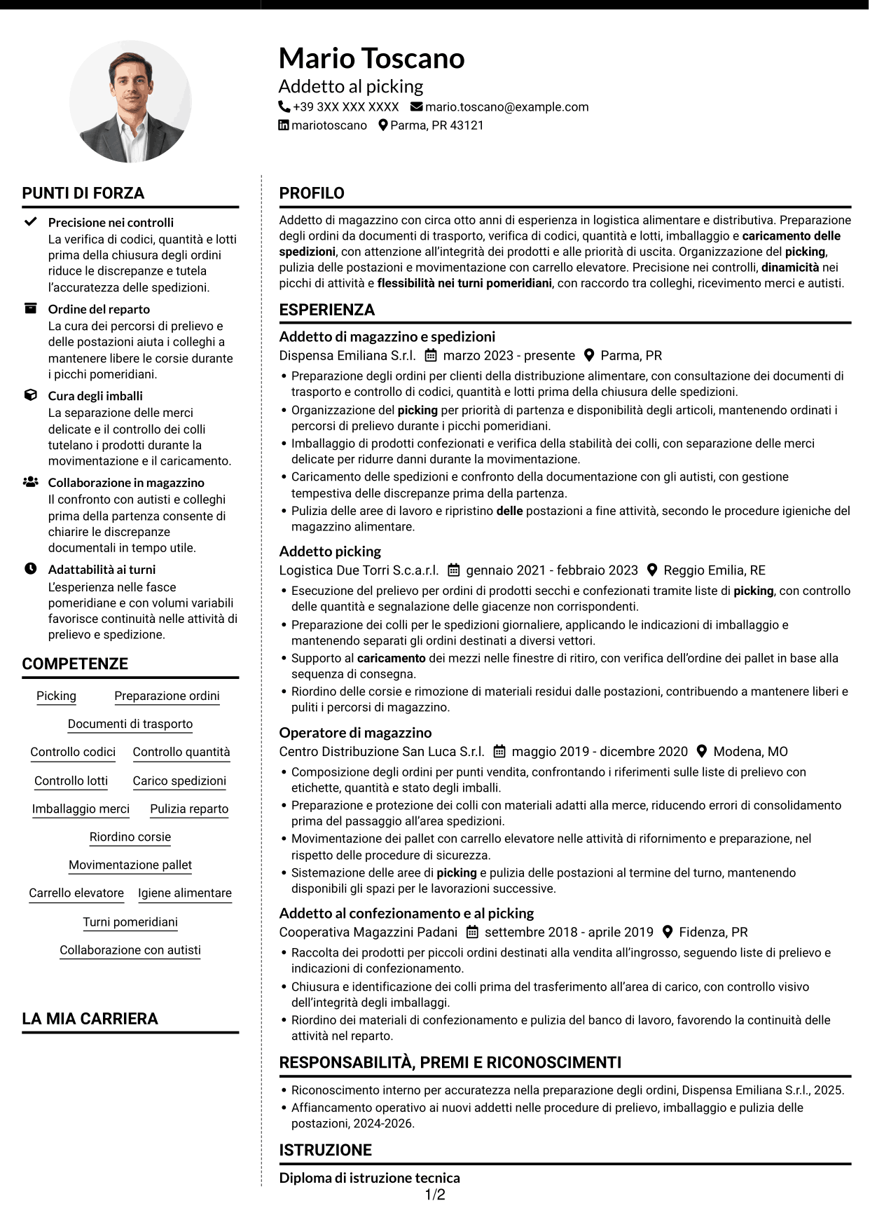 CV Moderno (formato a due colonne con foto a sinistra e separatore): Addetto al picking - Preparazione ordini e spedizioni, pagina 1