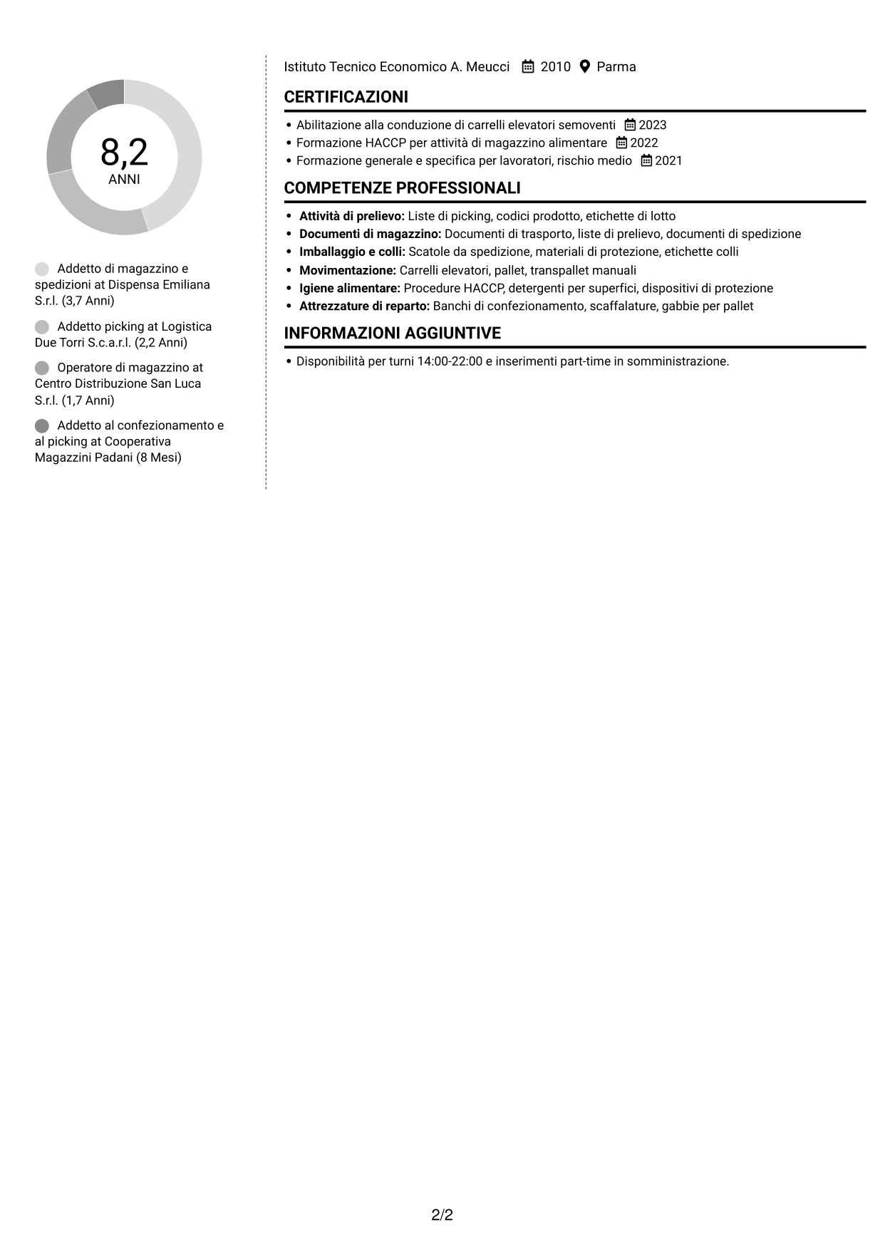 CV Moderno (formato a due colonne con foto a sinistra e separatore): Addetto al picking - Preparazione ordini e spedizioni, pagina 2