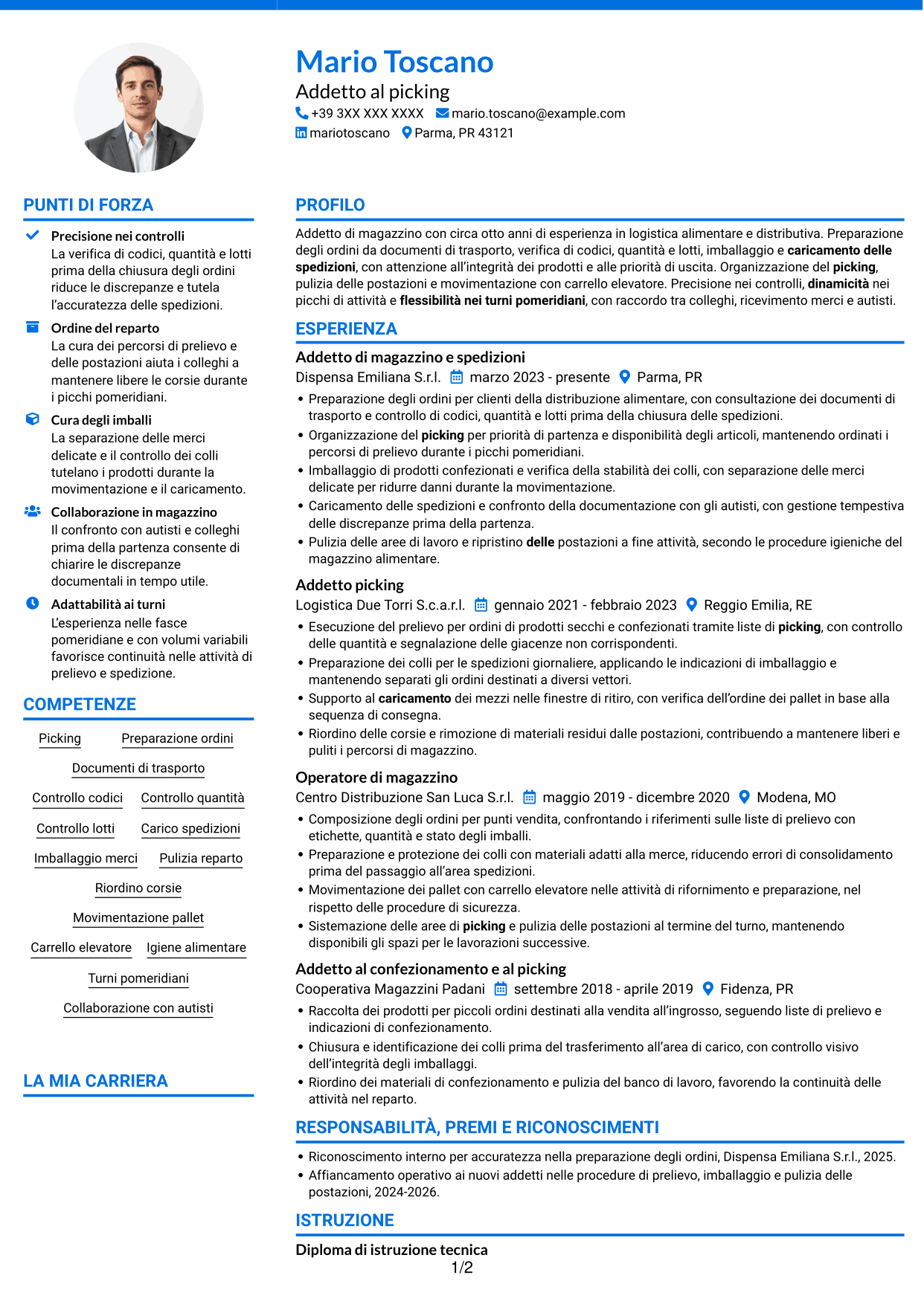 CV Audace (formato a due colonne con accenti colorati e foto): Addetto al picking - Preparazione ordini e spedizioni, pagina 1