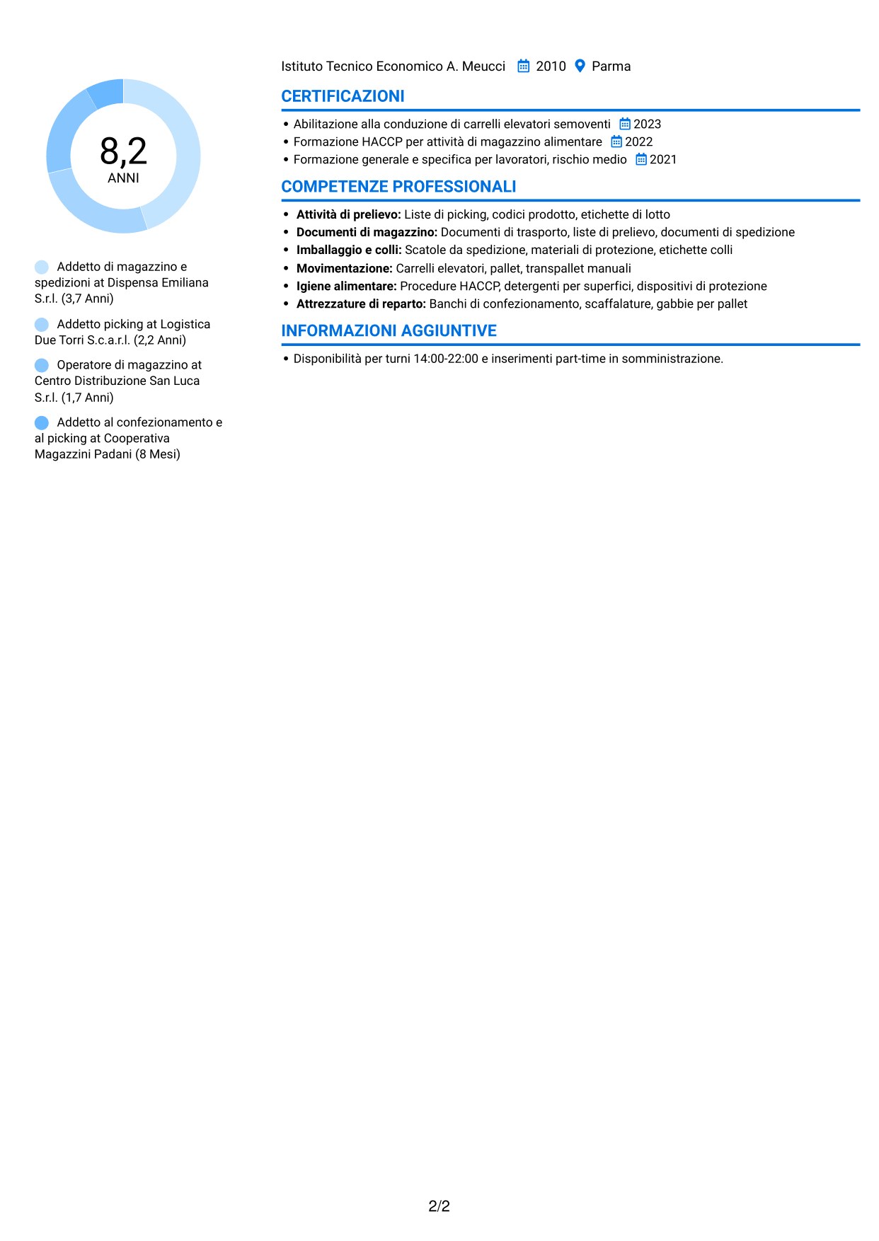 CV Audace (formato a due colonne con accenti colorati e foto): Addetto al picking - Preparazione ordini e spedizioni, pagina 2