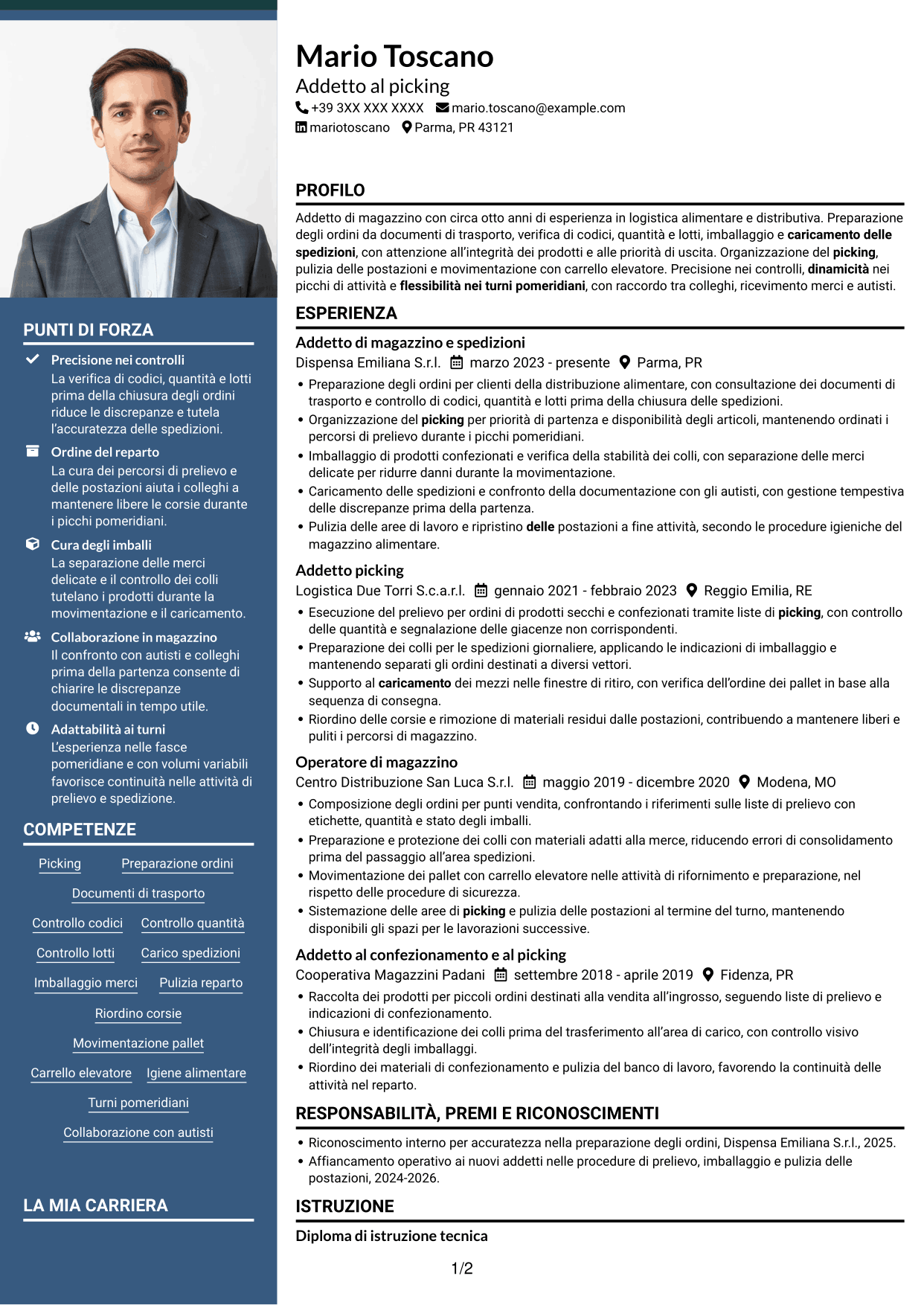 CV Signature (formato con colonna laterale colorata e foto grande): Addetto al picking - Preparazione ordini e spedizioni, pagina 1