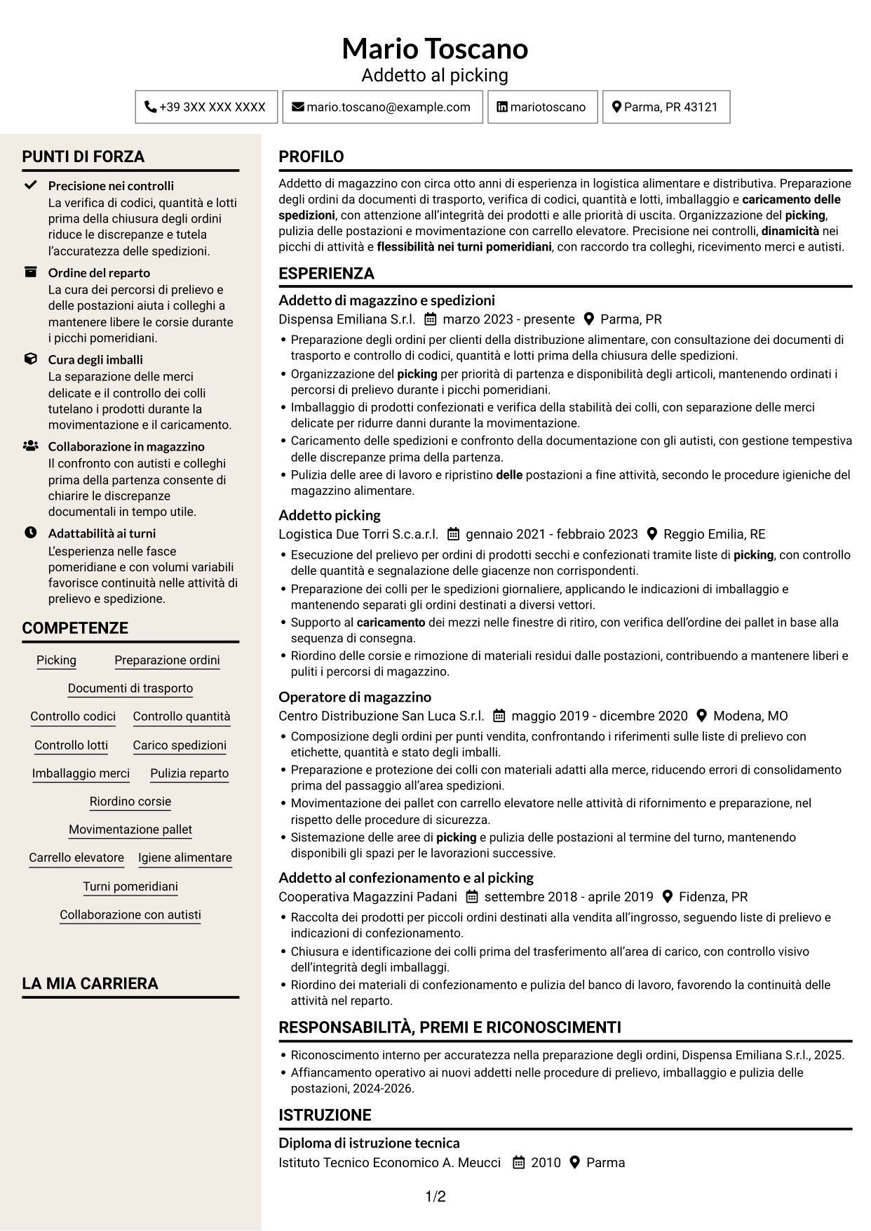 CV Intraprendente (formato a due colonne con intestazione centrata senza foto): Addetto al picking - Preparazione ordini e spedizioni, pagina 1
