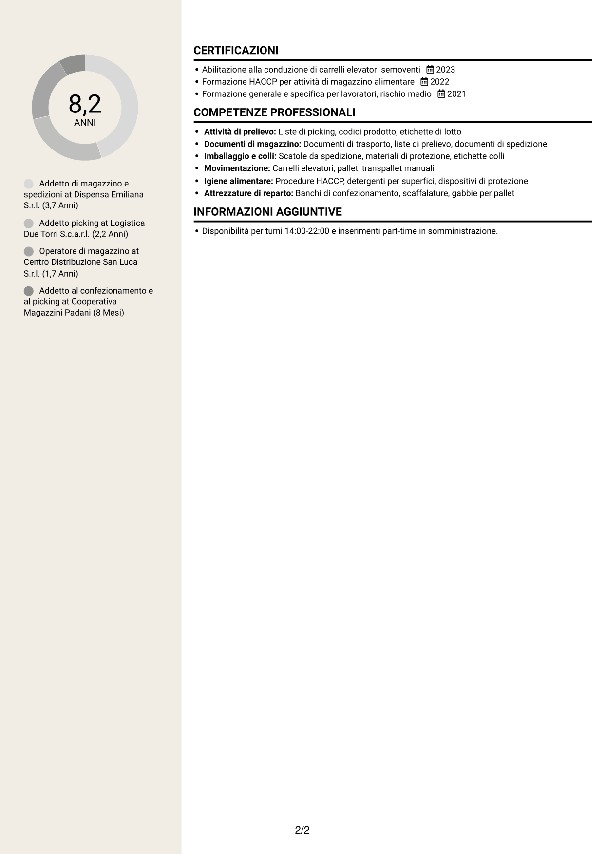 CV Intraprendente (formato a due colonne con intestazione centrata senza foto): Addetto al picking - Preparazione ordini e spedizioni, pagina 2