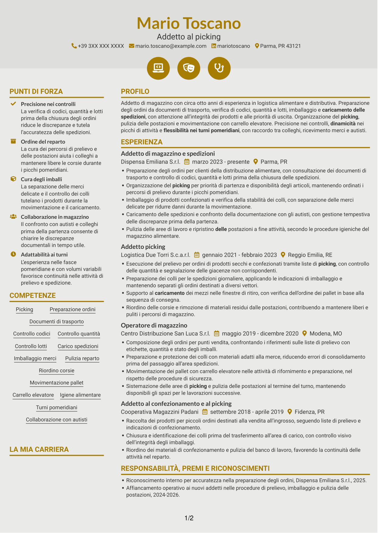 CV Dinamico (formato a due colonne con icone): Addetto al picking - Preparazione ordini e spedizioni, pagina 1