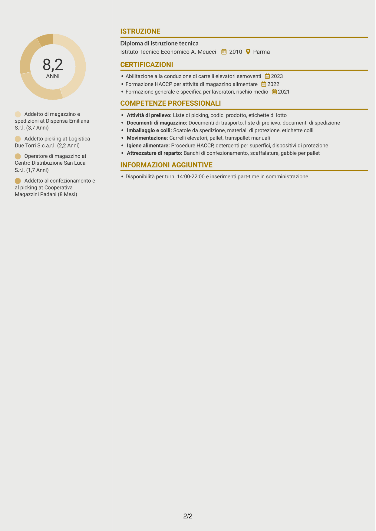 CV Dinamico (formato a due colonne con icone): Addetto al picking - Preparazione ordini e spedizioni, pagina 2