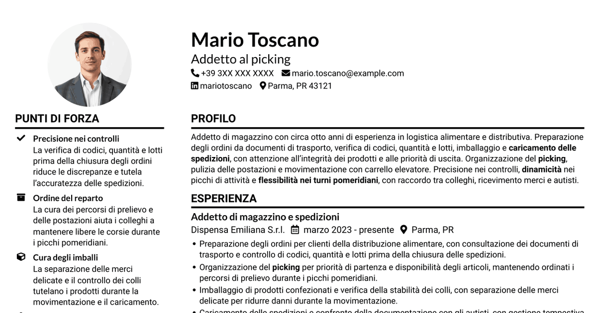 7 modelli di CV per Addetto al picking - Preparazione ordini e spedizioni, con esempi