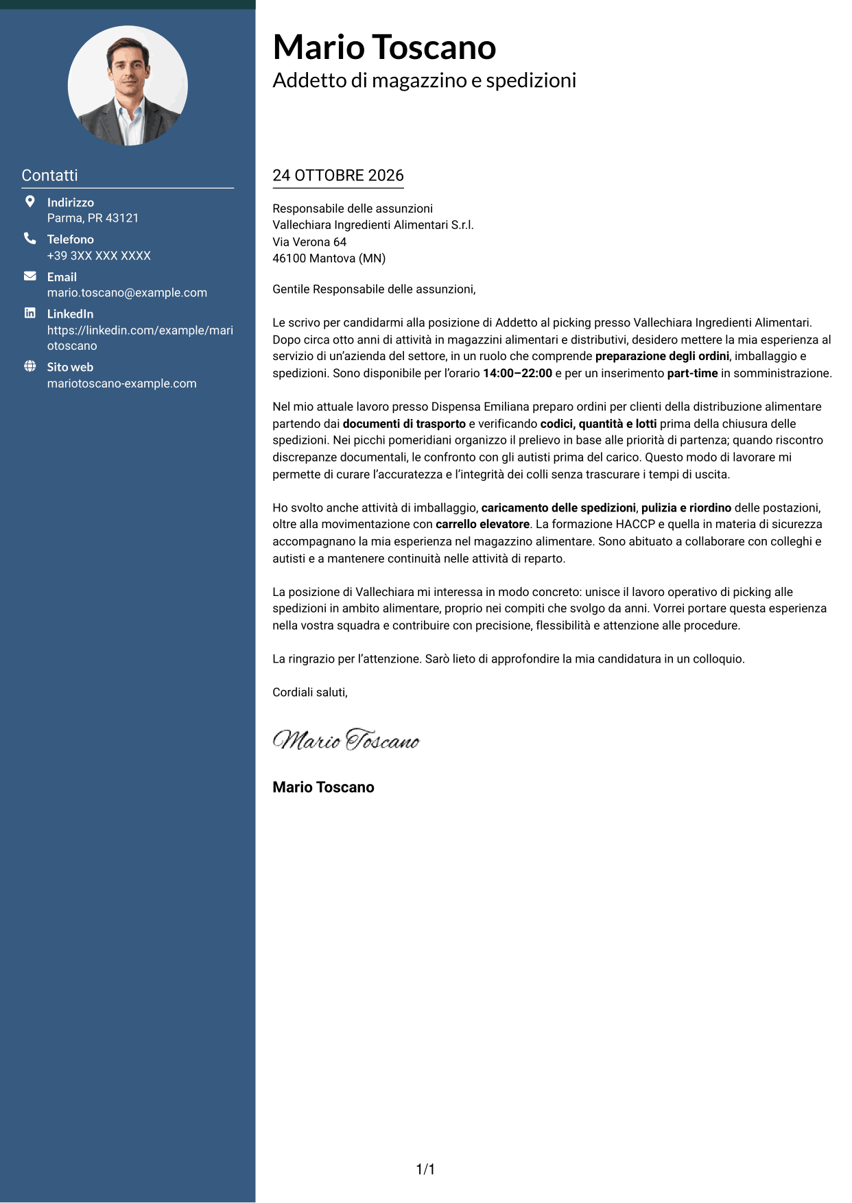 Lettera di presentazione Elegante (formato con colonna laterale colorata e foto): Addetto al picking - Preparazione ordini e spedizioni, pagina 1