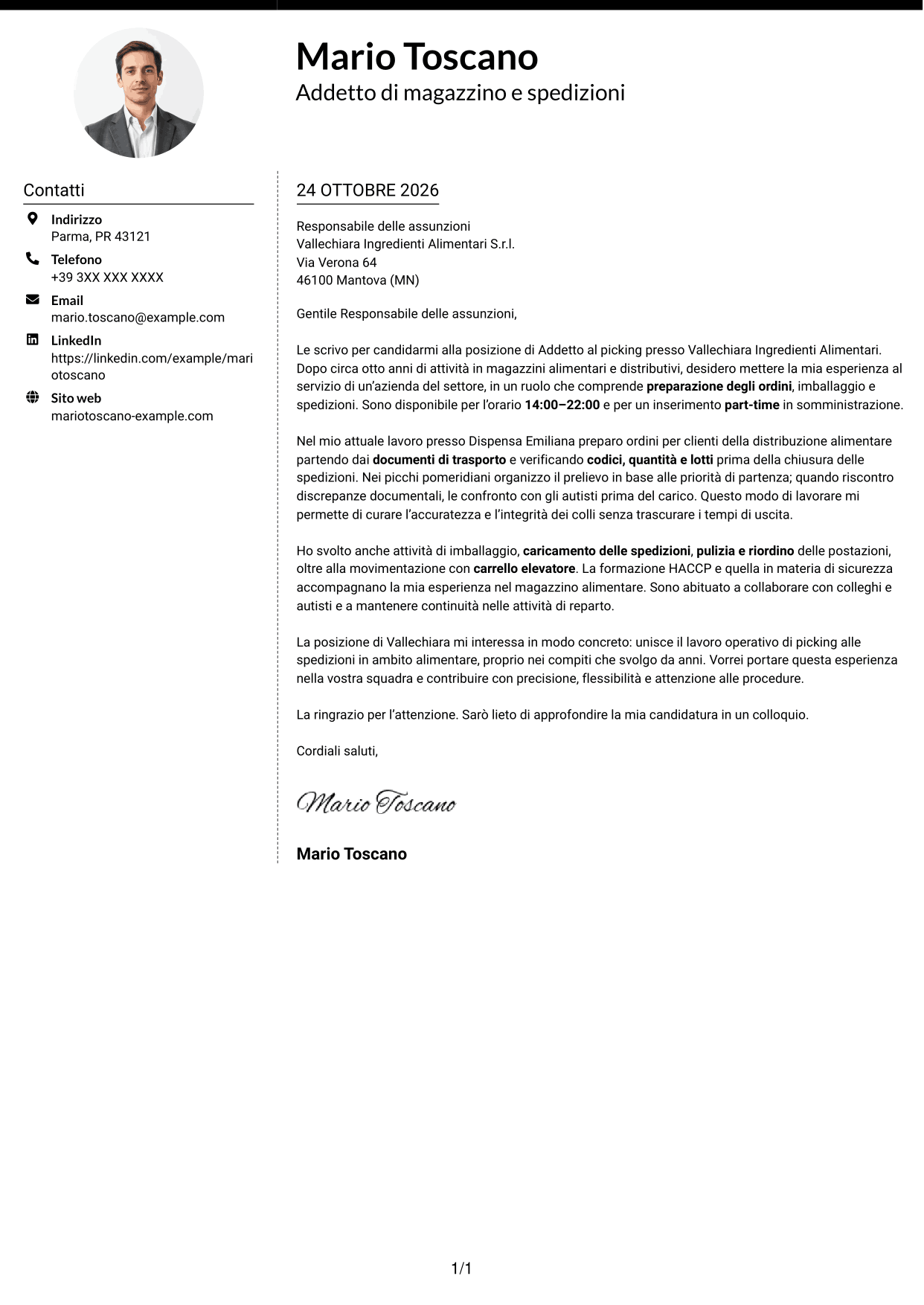 Lettera di presentazione Moderno (formato a due colonne con foto a sinistra e separatore): Addetto al picking - Preparazione ordini e spedizioni, pagina 1