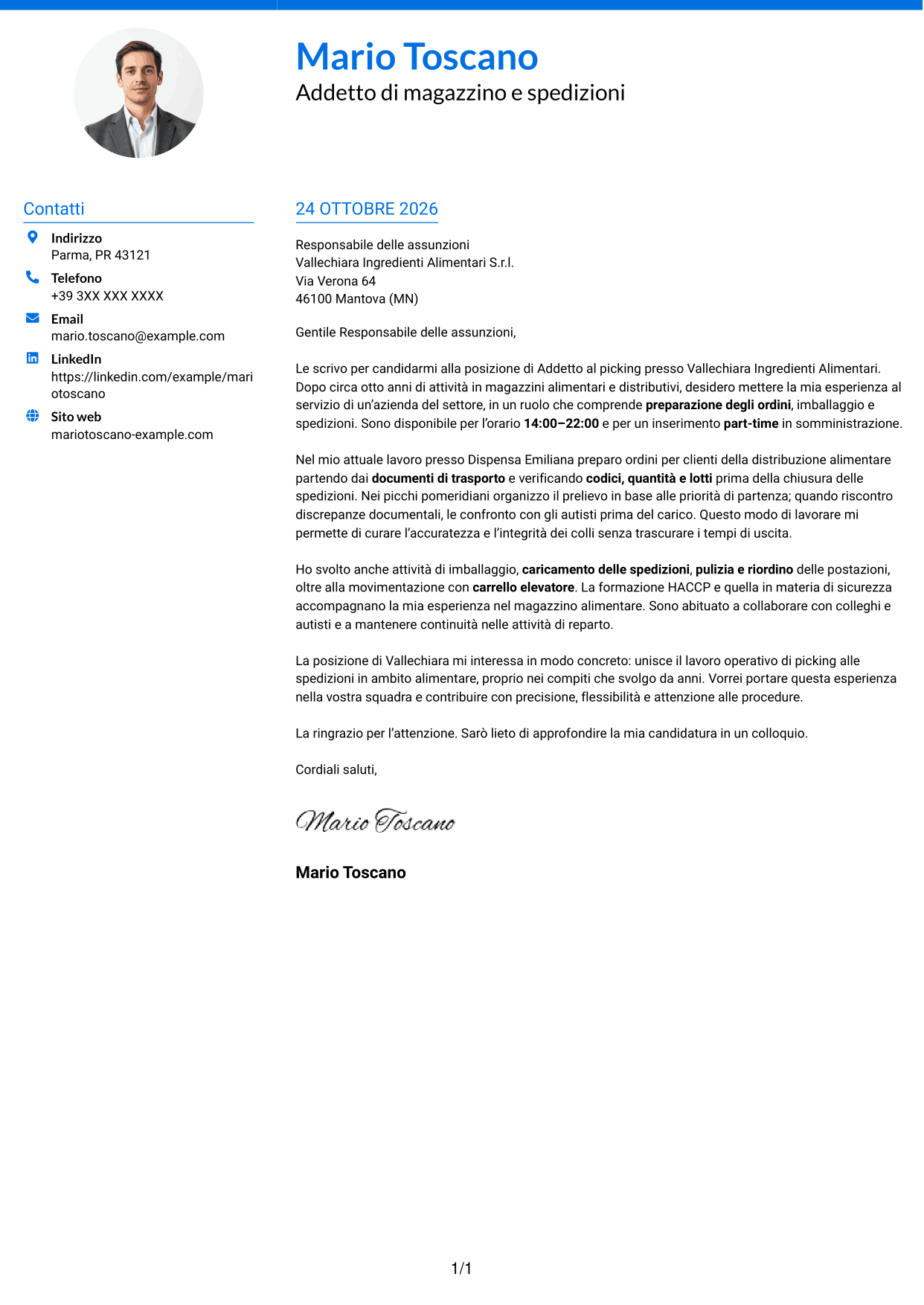 Lettera di presentazione Audace (formato a due colonne con accenti colorati e foto): Addetto al picking - Preparazione ordini e spedizioni, pagina 1