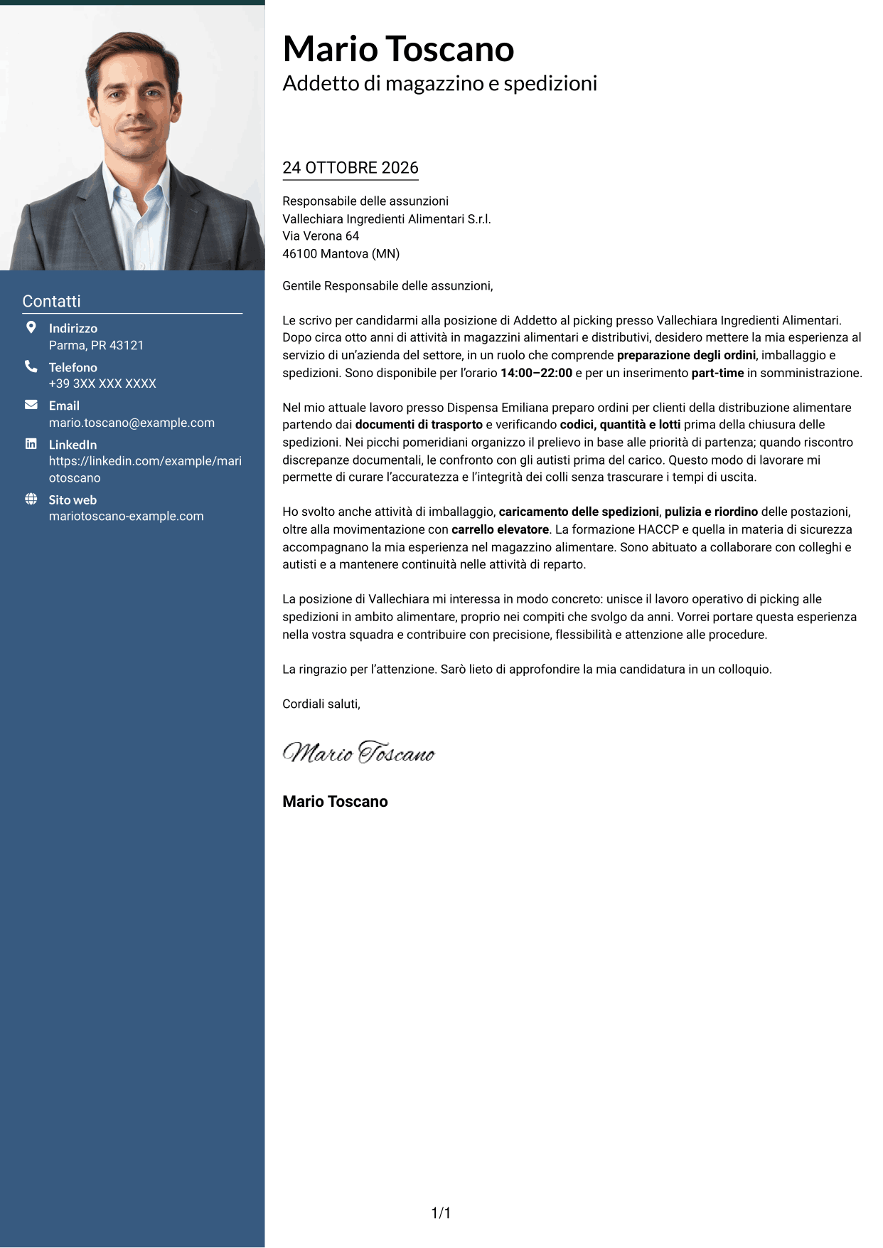 Lettera di presentazione Signature (formato con colonna laterale colorata e foto grande): Addetto al picking - Preparazione ordini e spedizioni, pagina 1