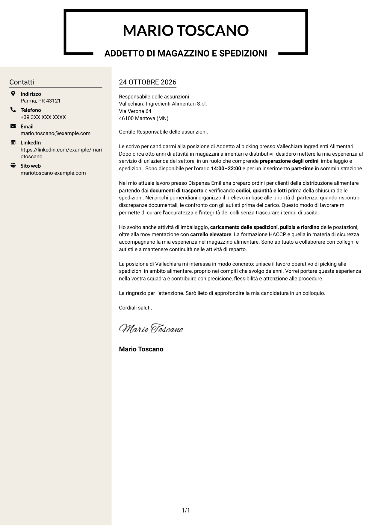 Lettera di presentazione Intraprendente (formato a due colonne con intestazione centrata senza foto): Addetto al picking - Preparazione ordini e spedizioni, pagina 1