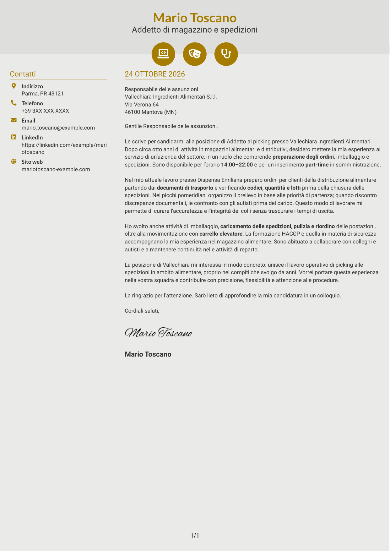 Lettera di presentazione Dinamico (formato a due colonne con icone): Addetto al picking - Preparazione ordini e spedizioni, pagina 1