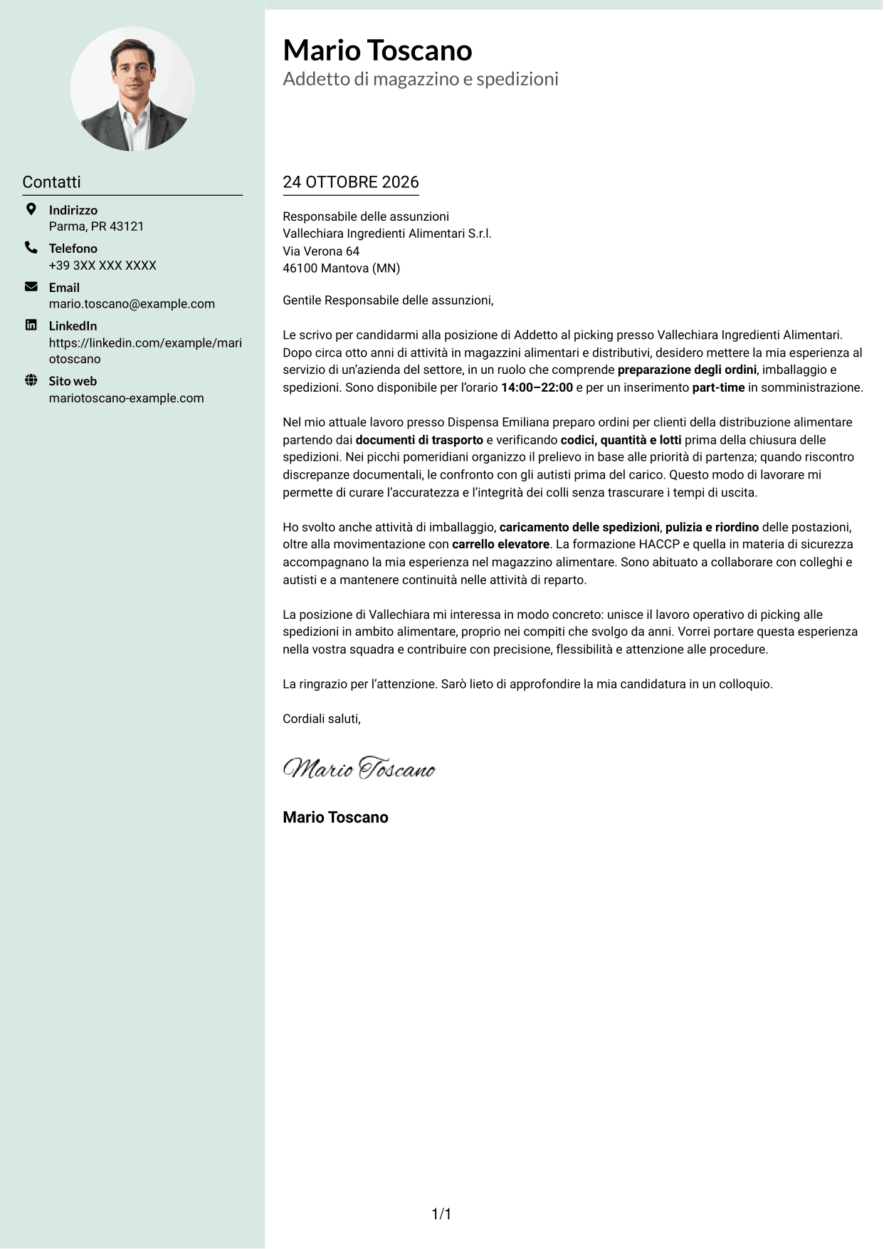Lettera di presentazione Dirigente (formato con colonna laterale tenue e foto arrotondata): Addetto al picking - Preparazione ordini e spedizioni, pagina 1