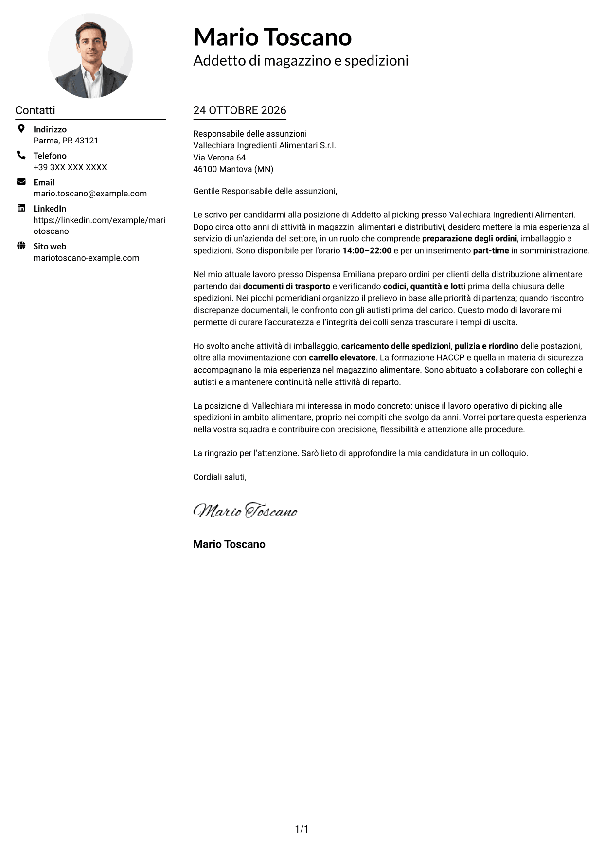 Esempio di lettera di presentazione — pagina 1