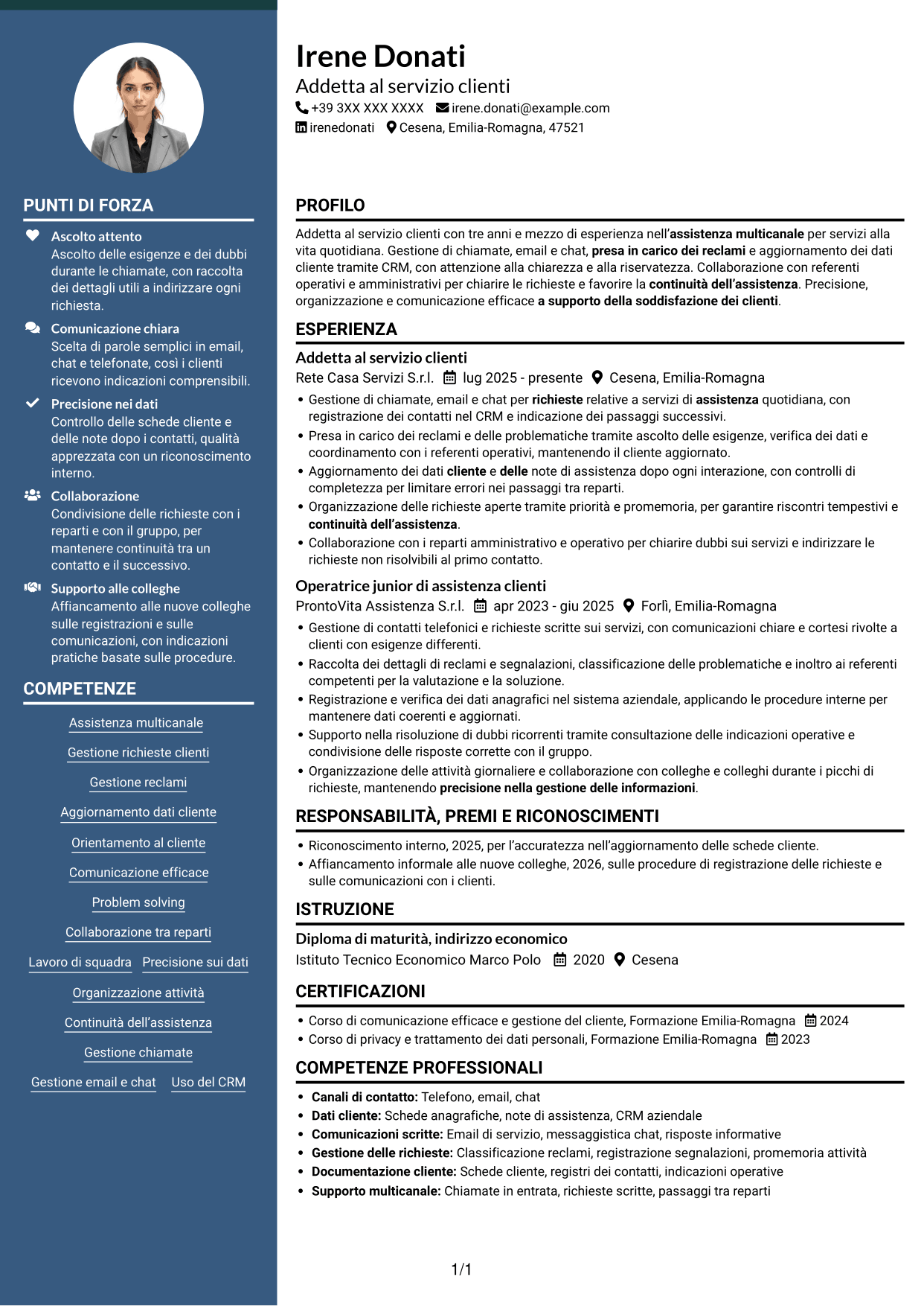 CV Elegante (formato con colonna laterale colorata e foto): Addetto al servizio clienti junior - Assistenza multicanale, pagina 1