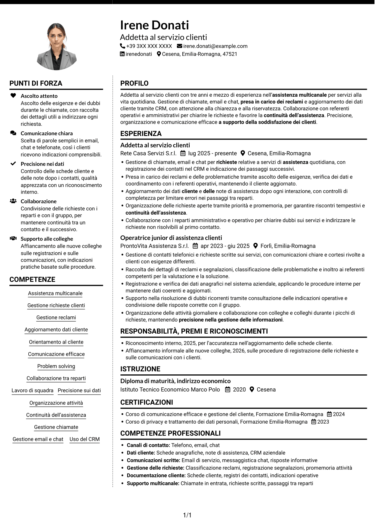 CV Moderno (formato a due colonne con foto a sinistra e separatore): Addetto al servizio clienti junior - Assistenza multicanale, pagina 1