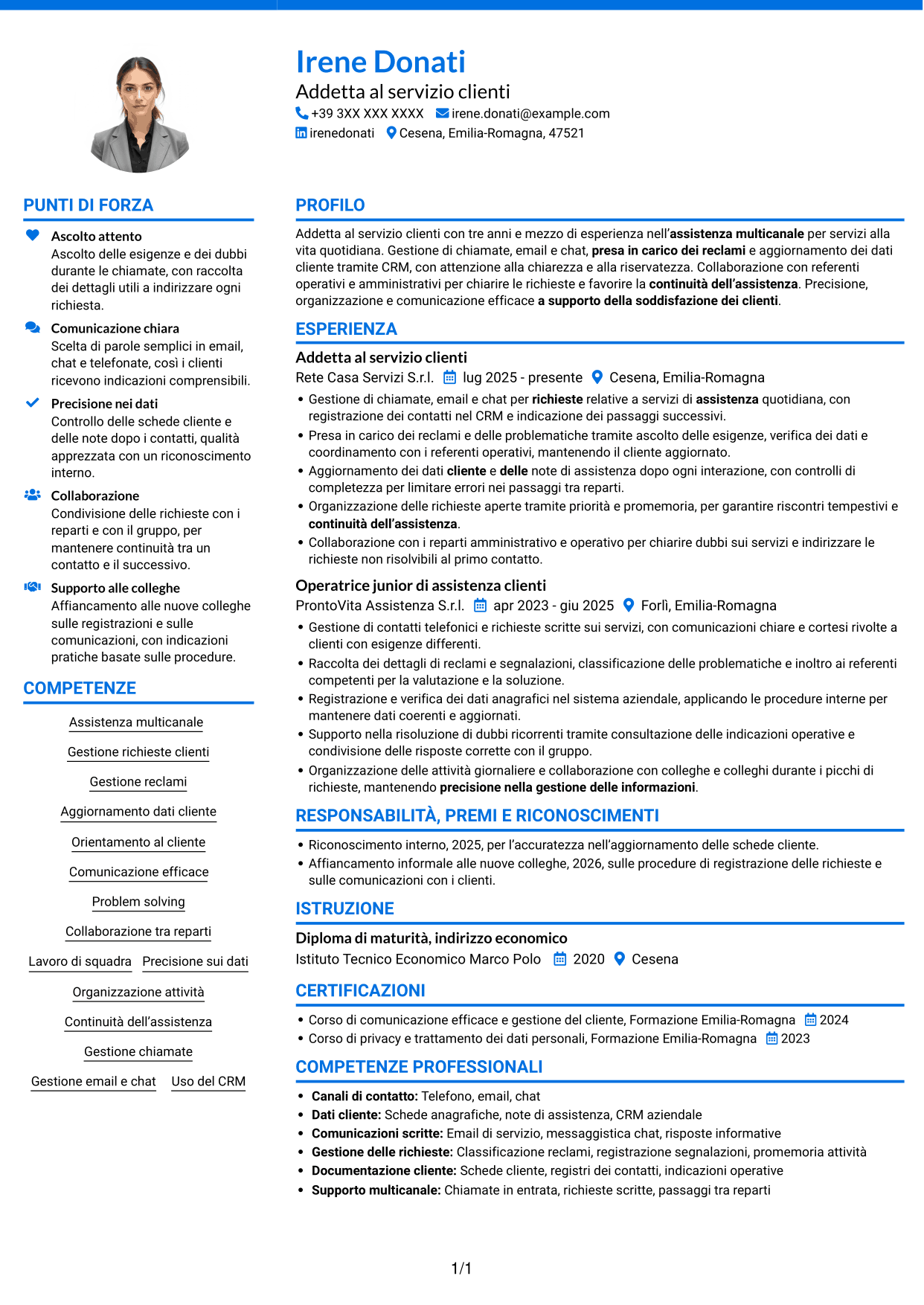 CV Audace (formato a due colonne con accenti colorati e foto): Addetto al servizio clienti junior - Assistenza multicanale, pagina 1