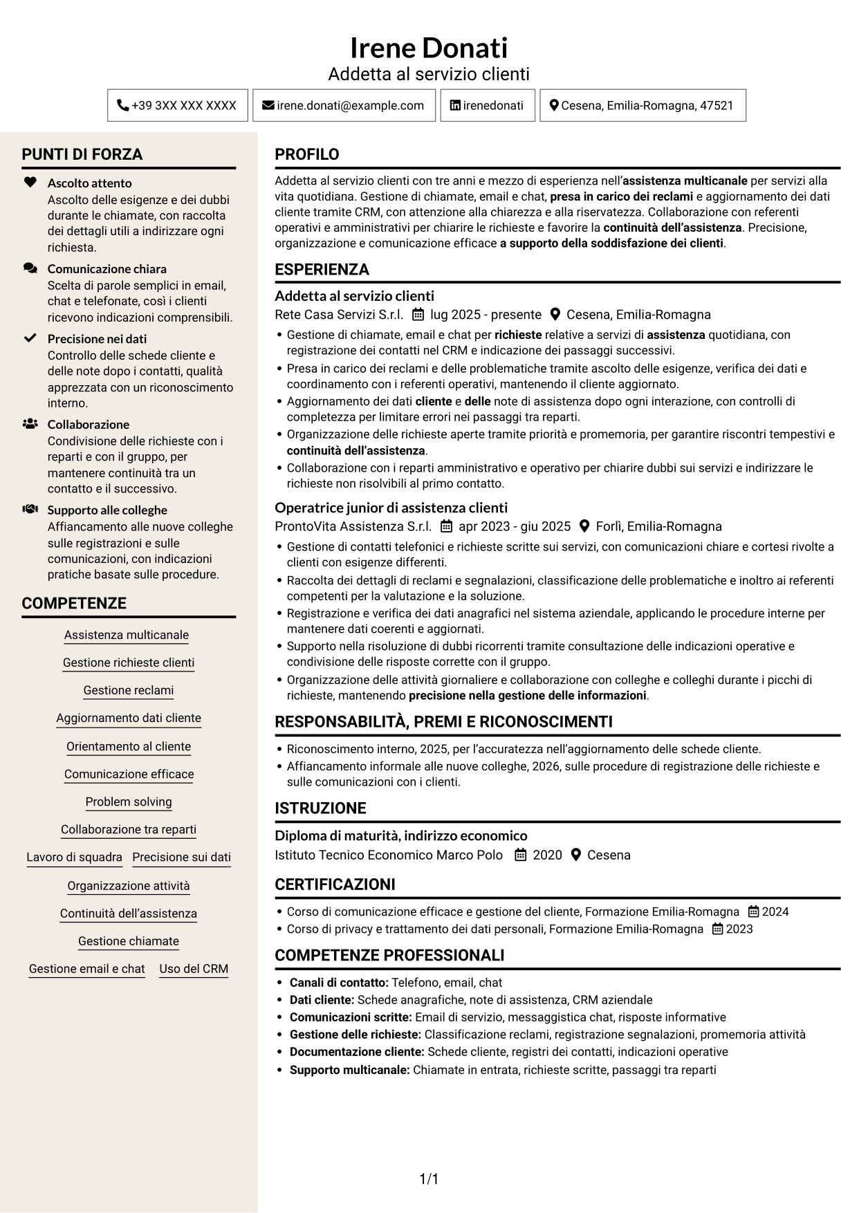 CV Intraprendente (formato a due colonne con intestazione centrata senza foto): Addetto al servizio clienti junior - Assistenza multicanale, pagina 1