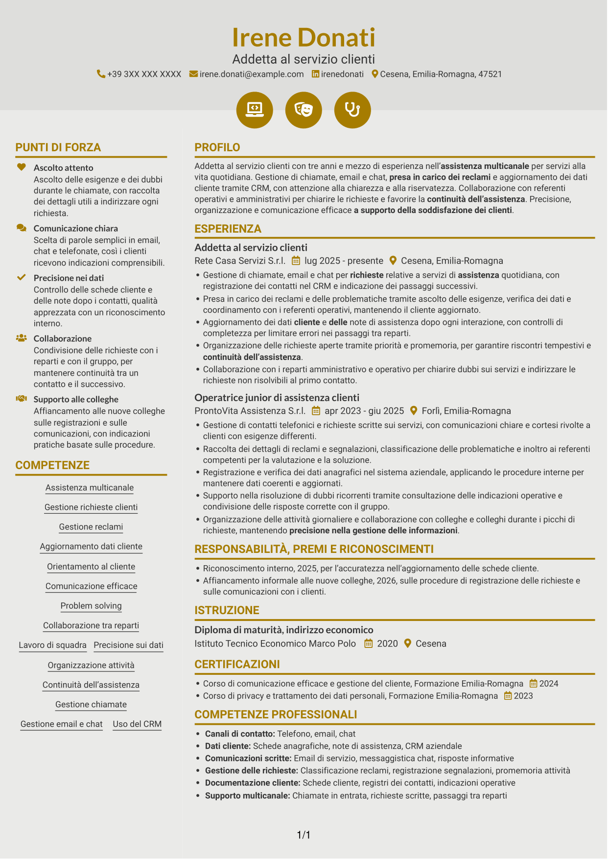 CV Dinamico (formato a due colonne con icone): Addetto al servizio clienti junior - Assistenza multicanale, pagina 1