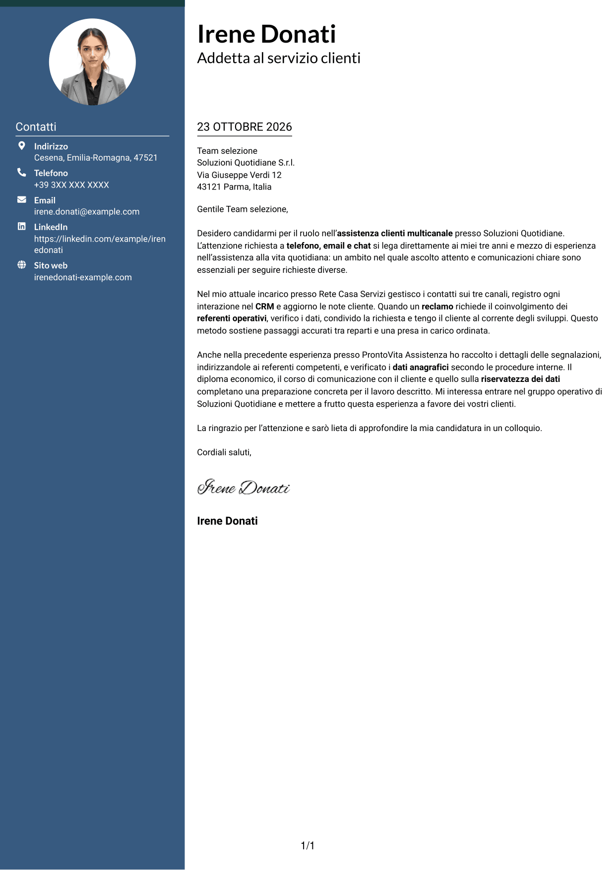 Lettera di presentazione Elegante (formato con colonna laterale colorata e foto): Addetto al servizio clienti junior - Assistenza multicanale, pagina 1