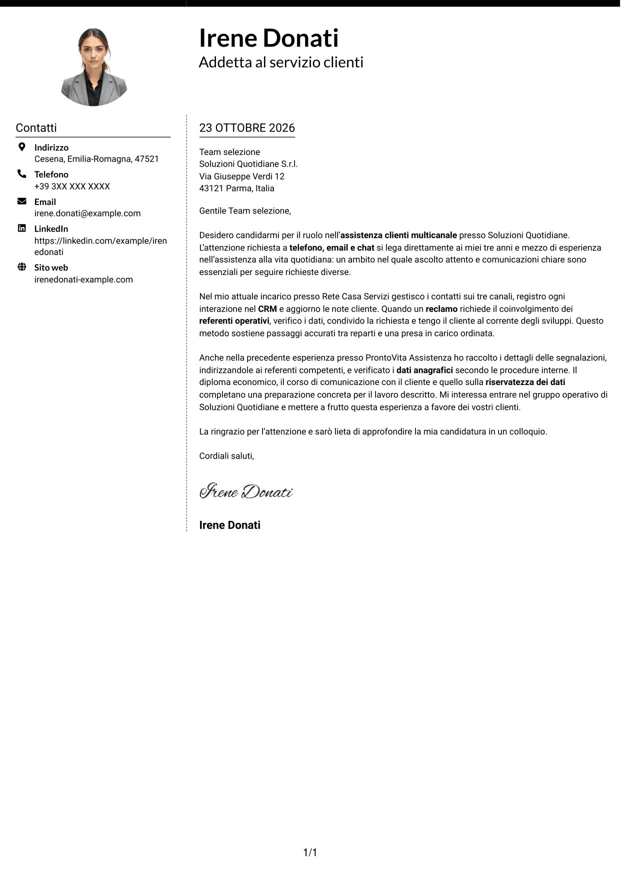 Lettera di presentazione Moderno (formato a due colonne con foto a sinistra e separatore): Addetto al servizio clienti junior - Assistenza multicanale, pagina 1