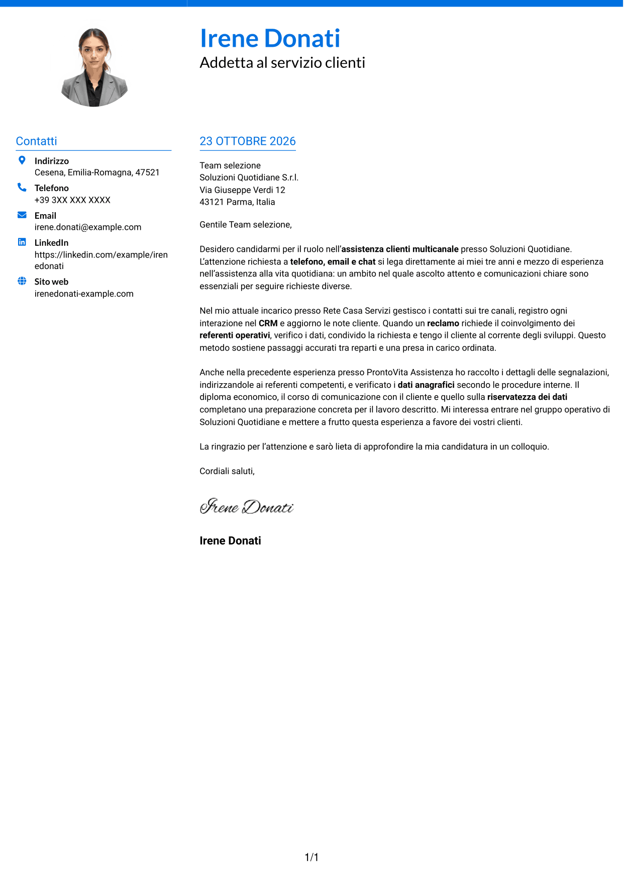 Lettera di presentazione Audace (formato a due colonne con accenti colorati e foto): Addetto al servizio clienti junior - Assistenza multicanale, pagina 1