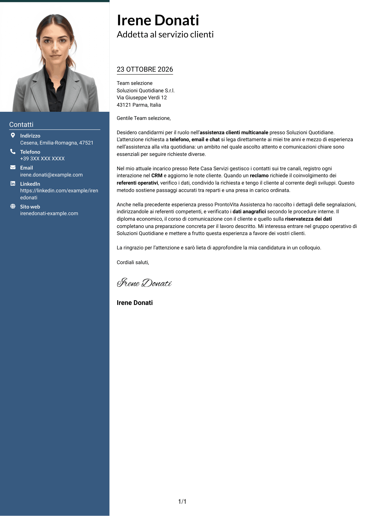 Lettera di presentazione Signature (formato con colonna laterale colorata e foto grande): Addetto al servizio clienti junior - Assistenza multicanale, pagina 1