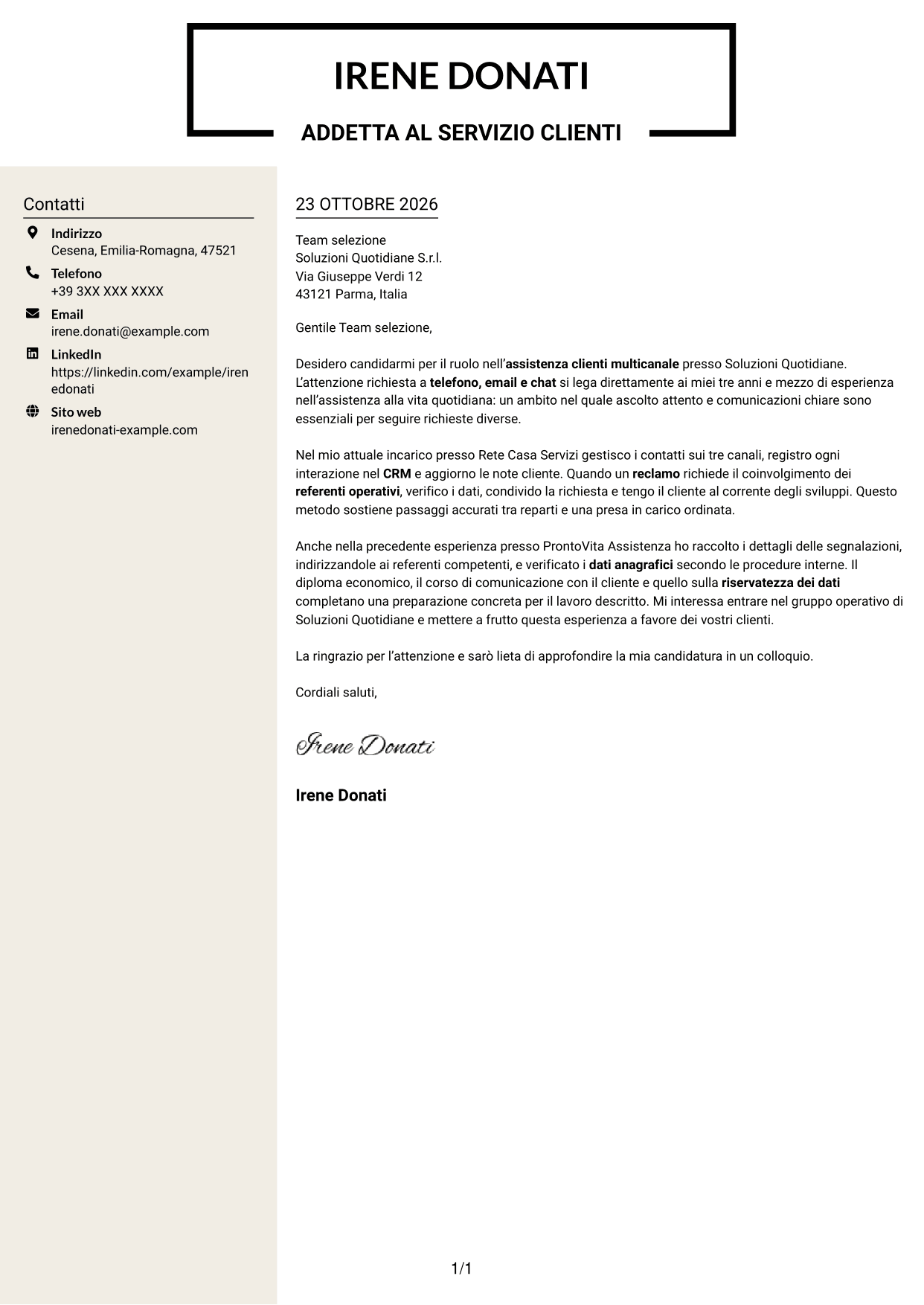 Lettera di presentazione Intraprendente (formato a due colonne con intestazione centrata senza foto): Addetto al servizio clienti junior - Assistenza multicanale, pagina 1