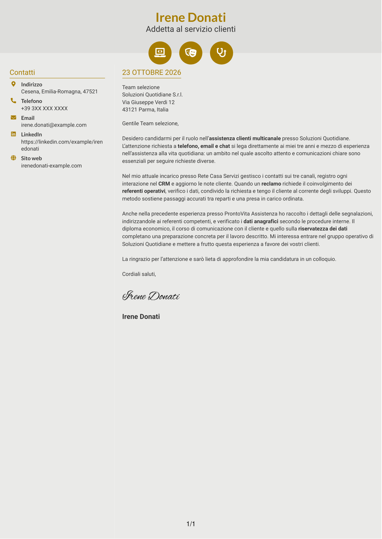 Lettera di presentazione Dinamico (formato a due colonne con icone): Addetto al servizio clienti junior - Assistenza multicanale, pagina 1