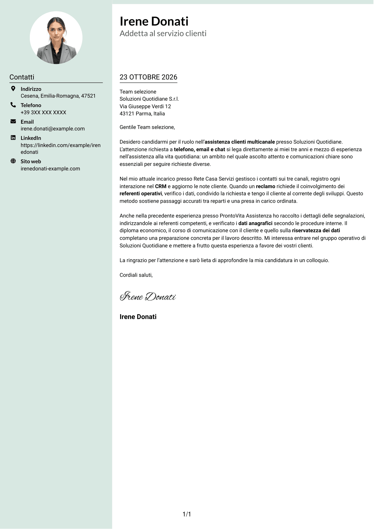 Lettera di presentazione Dirigente (formato con colonna laterale tenue e foto arrotondata): Addetto al servizio clienti junior - Assistenza multicanale, pagina 1