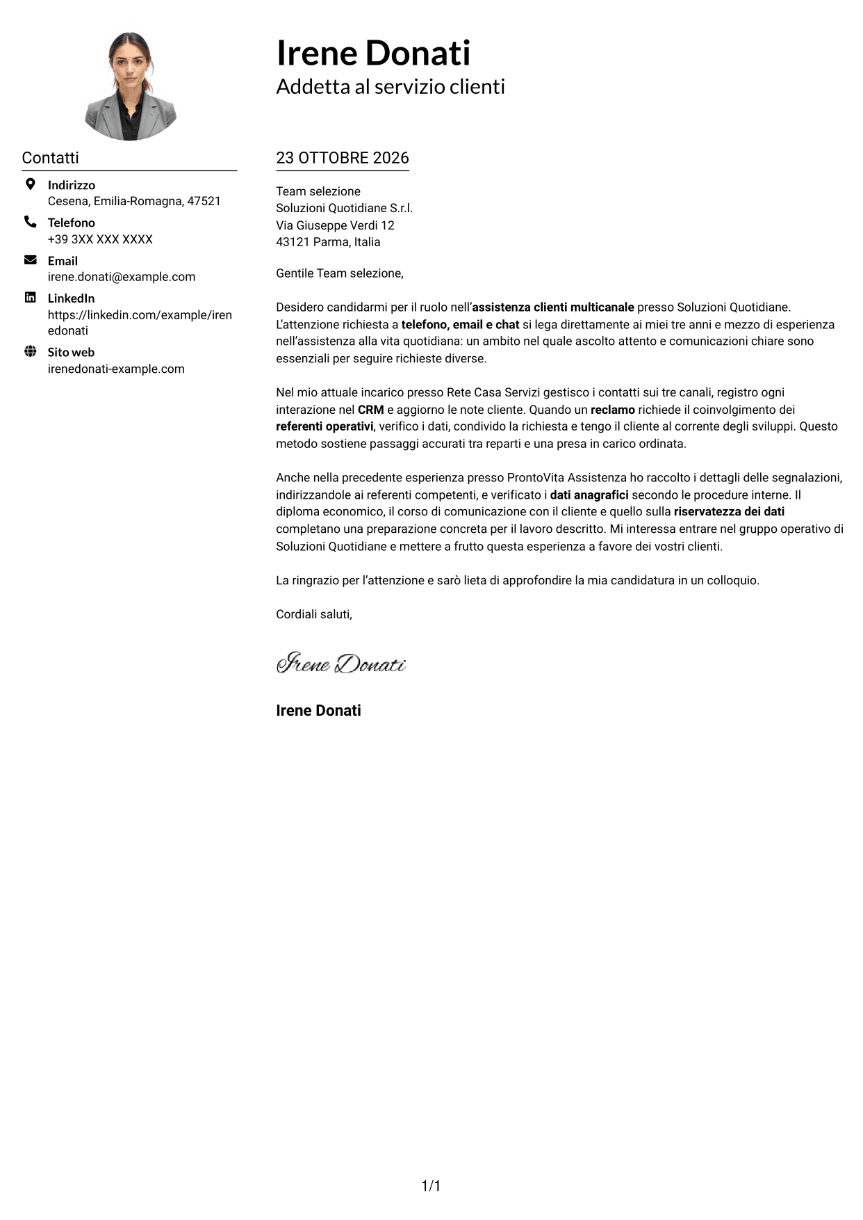Esempio di lettera di presentazione — pagina 1
