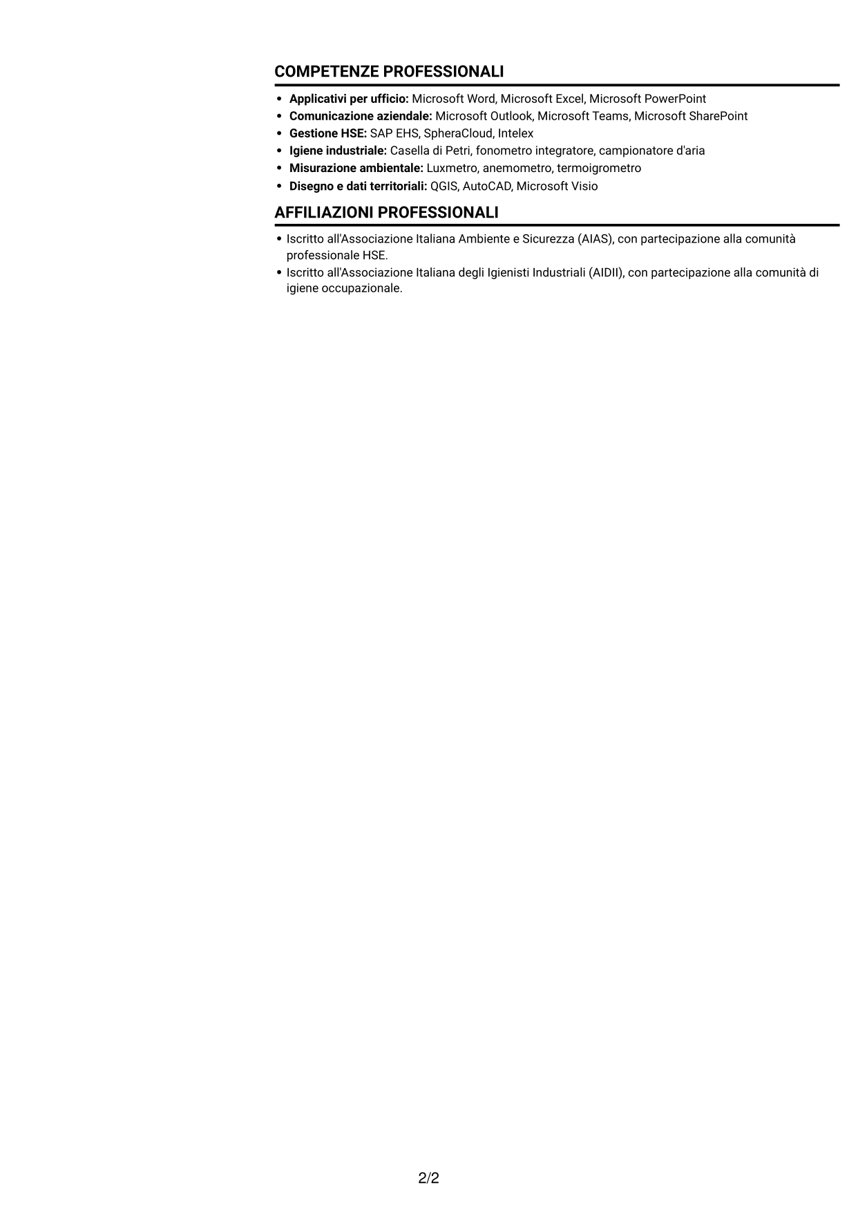 CV Compatto (formato sobrio a due colonne con foto): Addetto al Servizio di Prevenzione e Protezione (ASPP) - Sicurezza industriale tessile, pagina 2